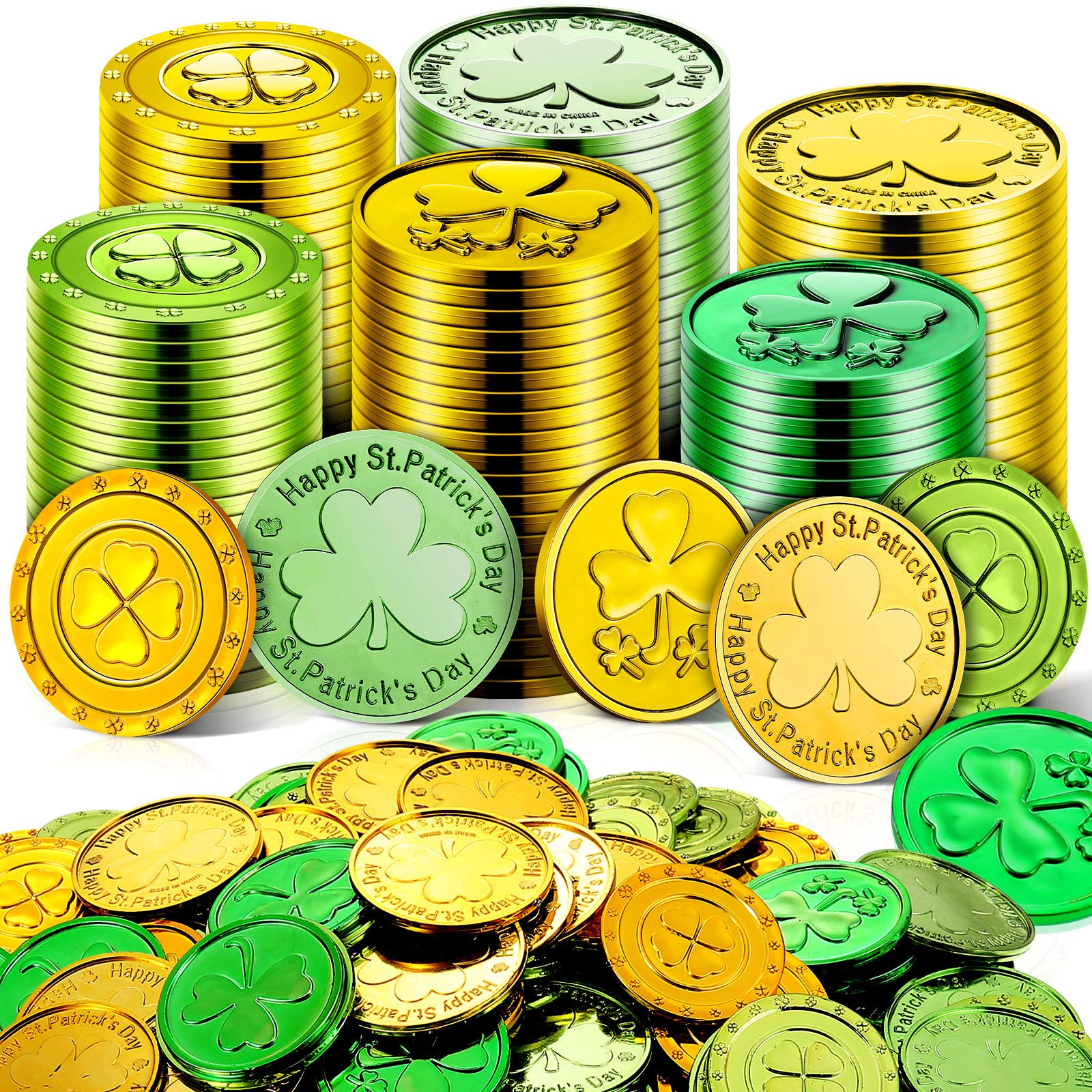 260 Pieces St. Patrick's Day Shamrock Coins 3-Leaf Clover  4 Leaf Clover and Happy St. Patrick's day Good Luck Green and Gold Plastic Coins for Party Supplies Decor