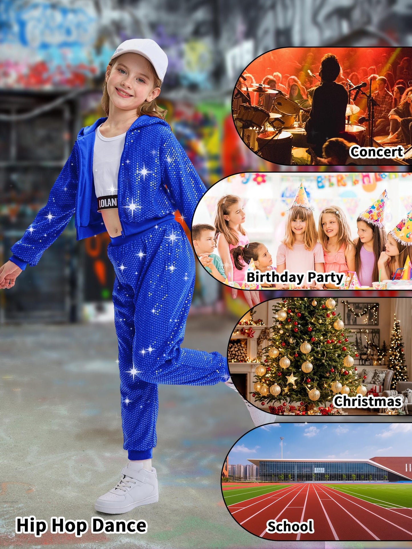 Lolanta Kids Dance Costumes Hip-Hop Modern Jazz Team Performance Girls Sequin Jacket & Pants Set (Royal Blue, 12-13 Years)