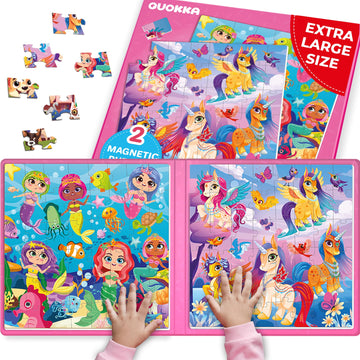 Quokka Magnetic Puzzles For Kids Ages 4-6 - 2X48 Travel Puzzle Games For Toddlers 3-5 Years Old - Car Activities Toy For Boys And Girls 2-4 Yo - Unicorns & Mermaid Learning Magnet For Road Trip