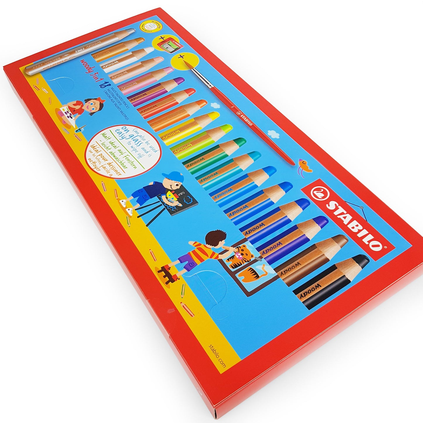 STABILO - Woody 3 in 1 Multi-Media Watercolour Pencils - Jumbo Easy-Grip - Pack of 18 with Sharpener and Brush