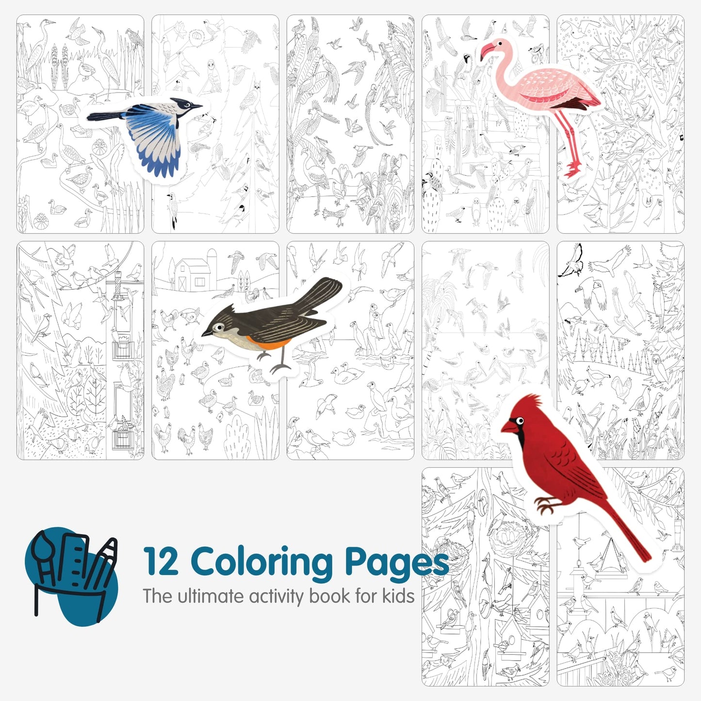 Bird Stickers + Coloring Book For Kids By Cupkin: Innovative Side By Side Bird Sticker Book - Spiral Binding Allows The Birds St