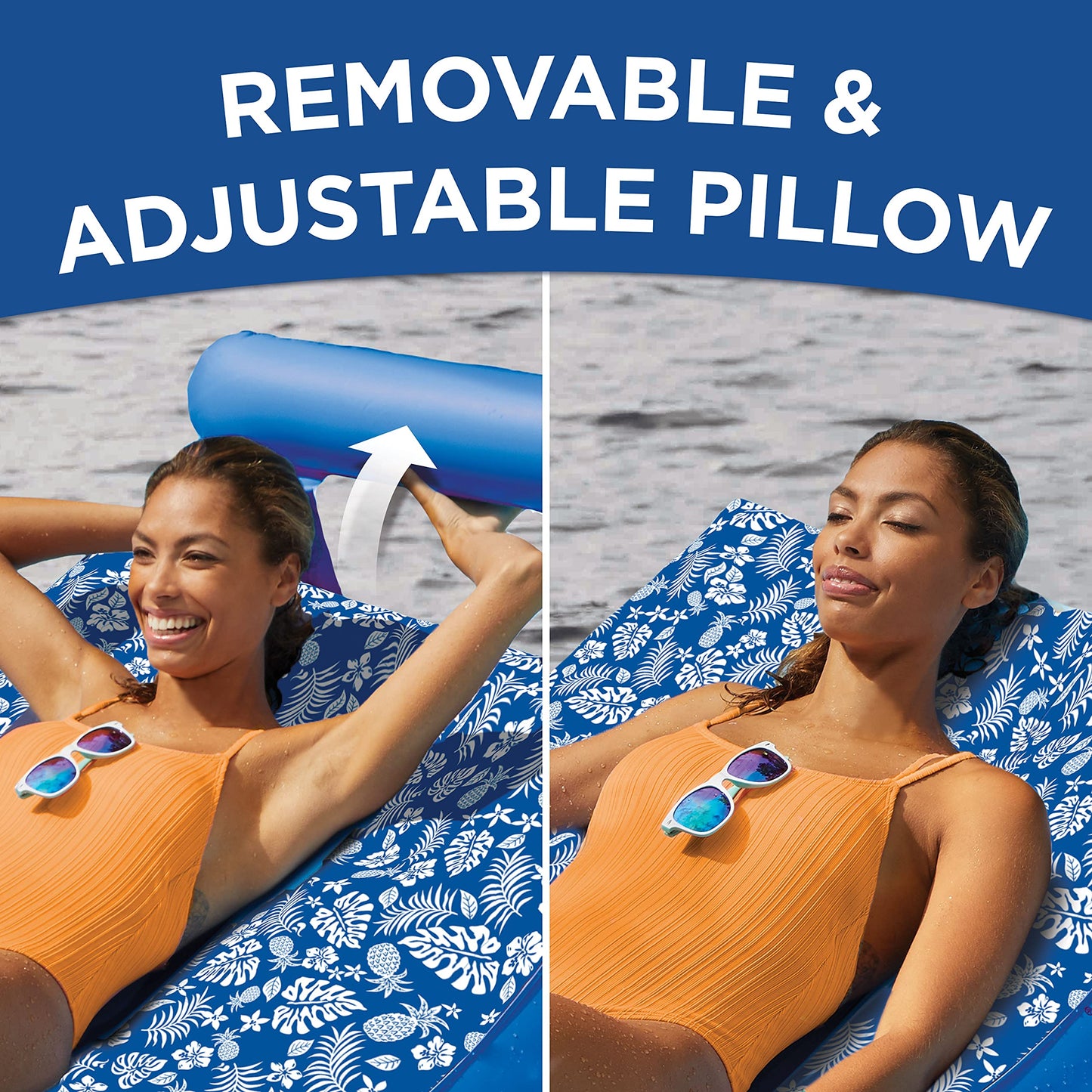 Aqua Ultra-Comfort Floating Pool Chair & Lake Raft With Pillow - 1-Person Heavy Duty Pool Float, Lake Floating Chair - Blue Pine