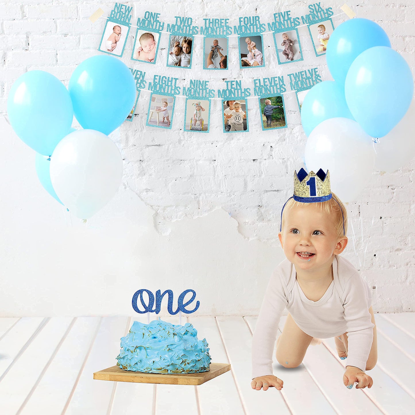 Partyhooman 1St Birthday Photo Banner For Baby From Newborn To 12 Months, First Birthday Decorations For Boys Monthly Milestones