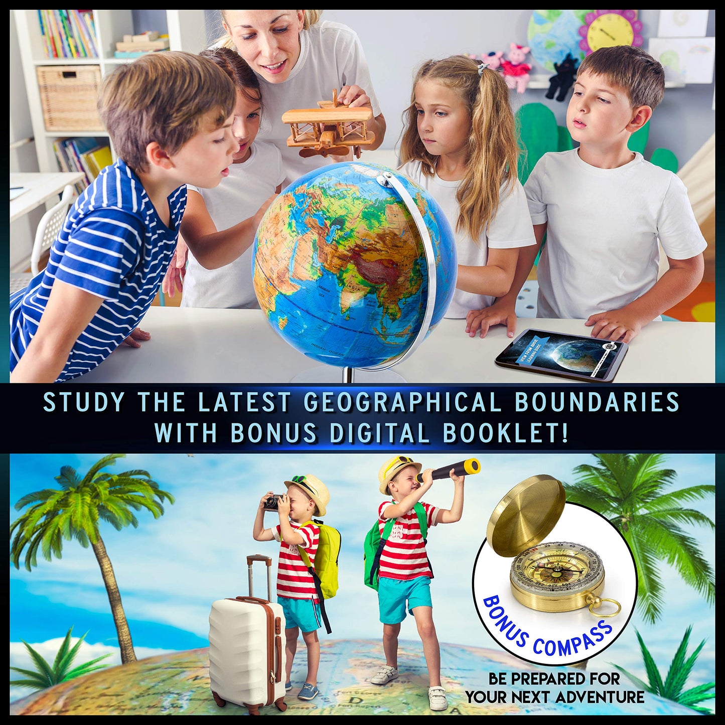 Interactive World Globe for mature-themeds - Large 13 Inch Globe with Stand - Earth Globe with Illuminated Constellations Light Up at Night - Geographic Map for Kids - Educational Learning Gift - Compass to navigate it!