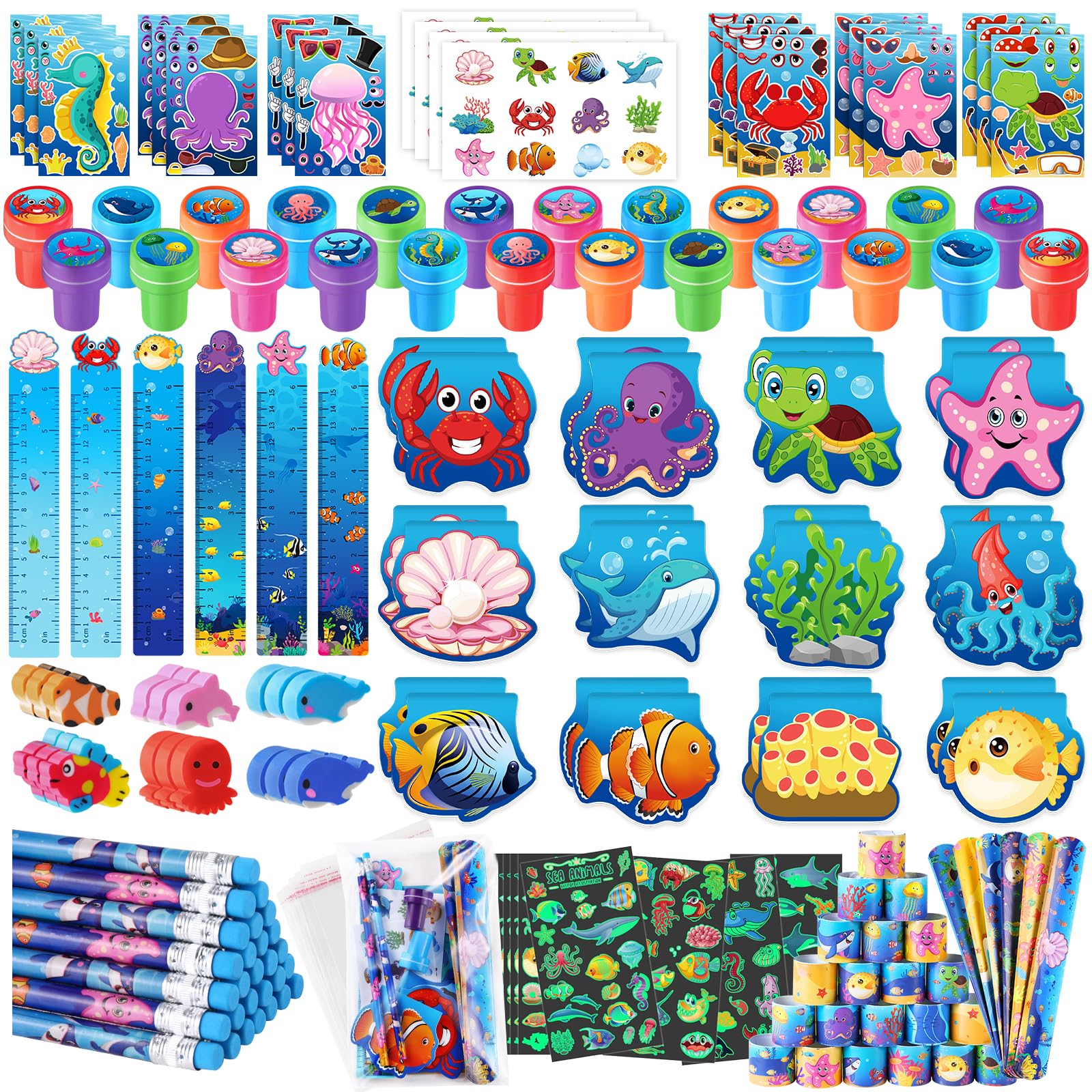 BenLouis 240Pcs Under the Sea Party Favors Ocean Animals Party Stampers Stickers School Stationery Bulk for Kids Sea Shark Birth