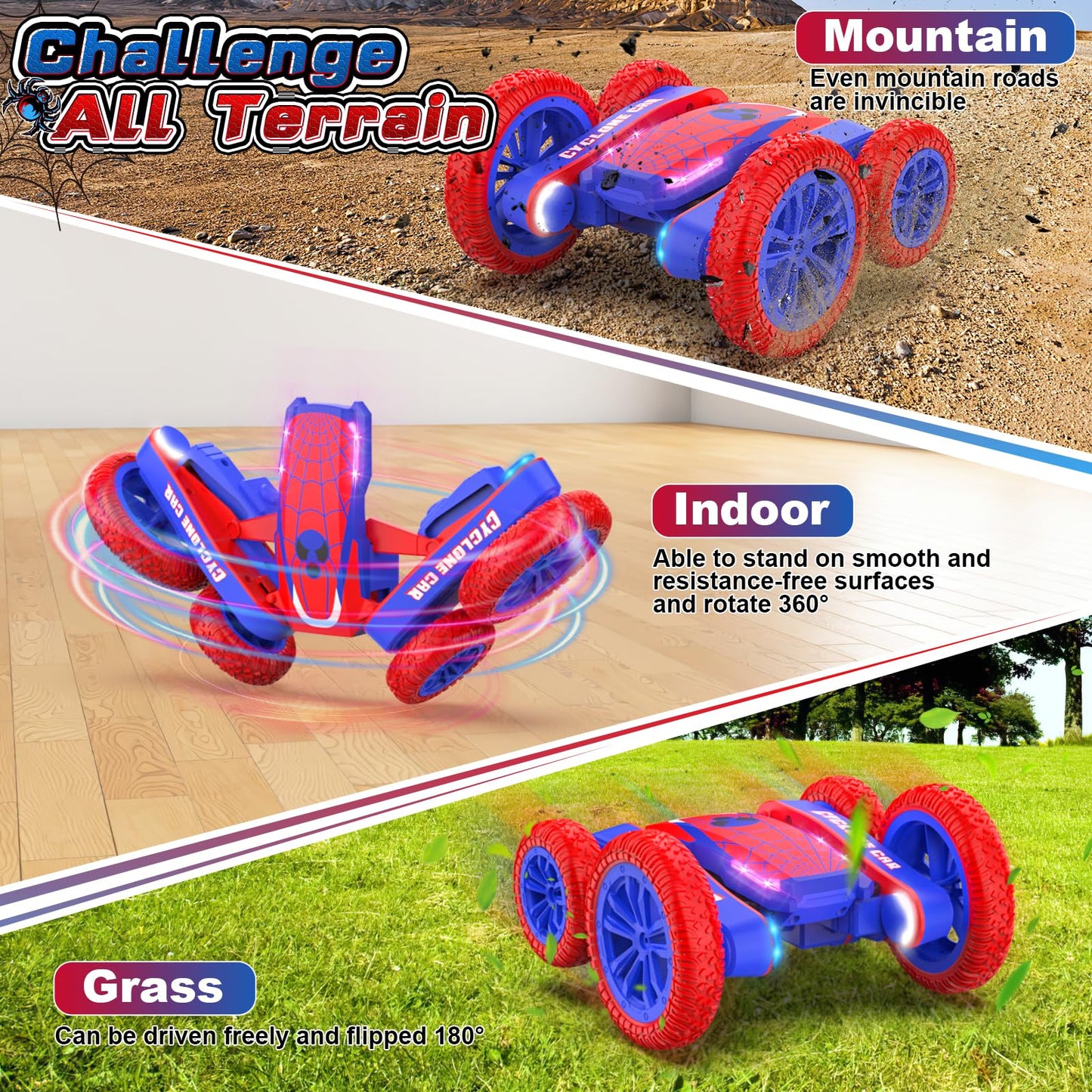 Spider Remote Control Car for Kids - 2.4Ghz Fast RC Stunt Cars, 360 Rotating 4WD RC Crawler with Lights, Rechargeable Car Toy fo