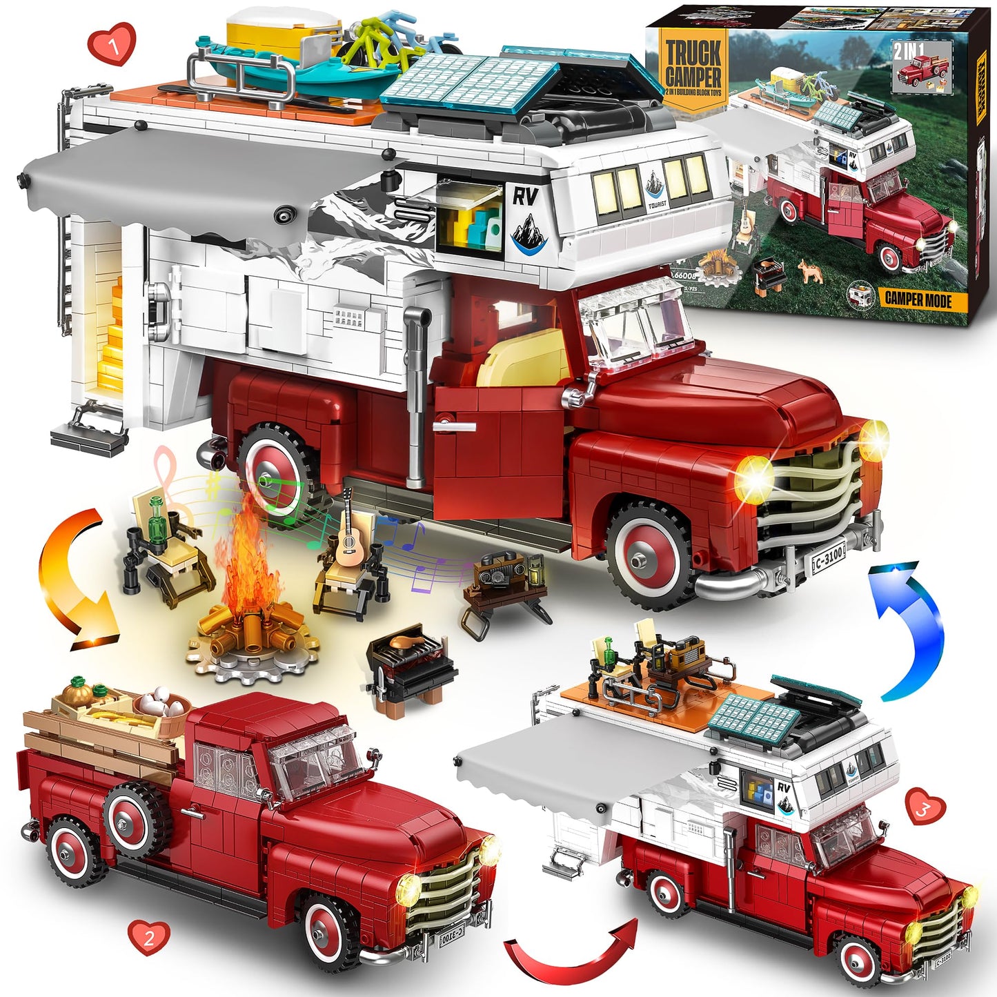 Zylvoxia Camper Van Buliding Block for Adults, 2 in 1 Include Camper Rvs and Farm Pick-up Trucks Building Block Gift for Teens a