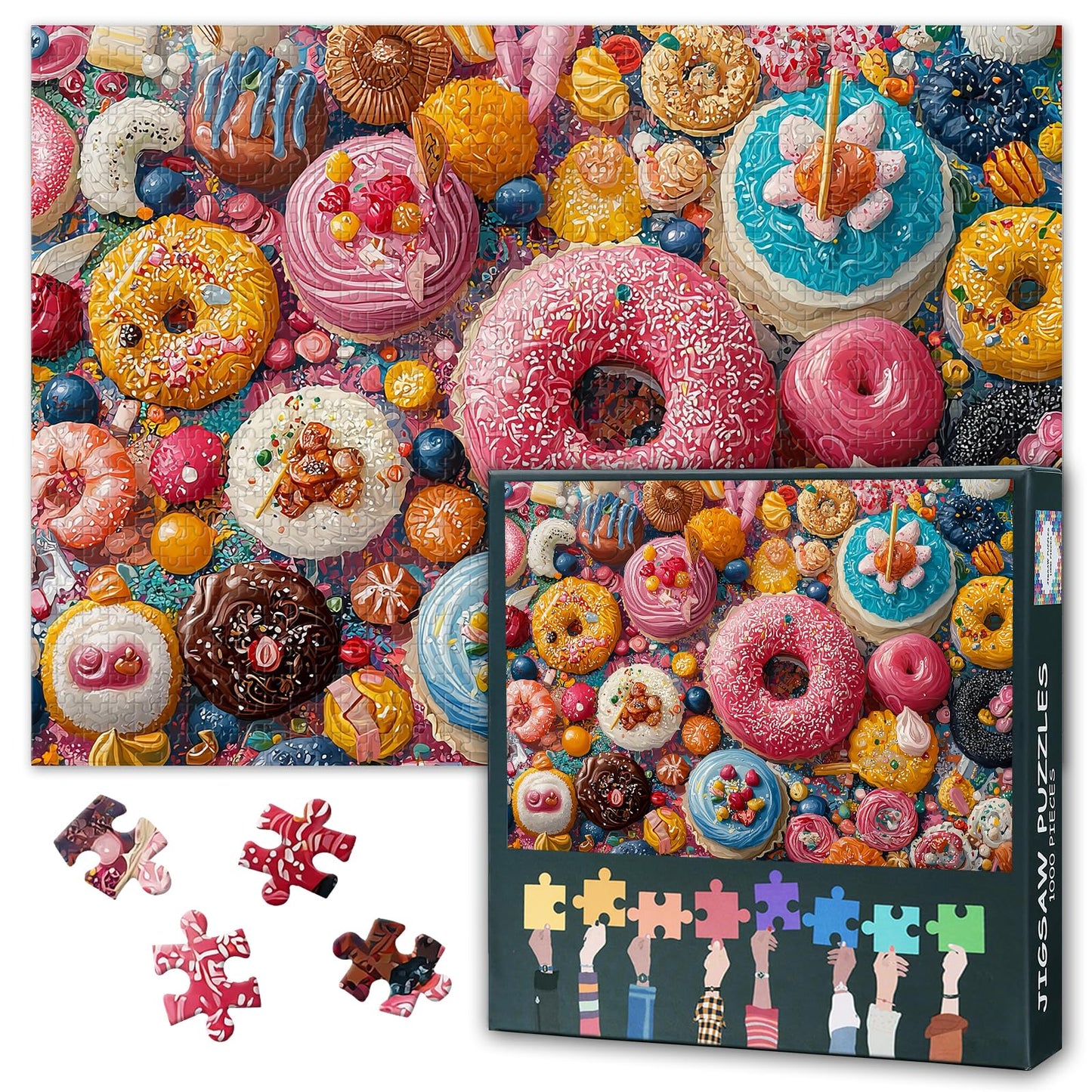 1000 Piece Dessert Jigsaw Puzzle for mature-themeds - Colorful Donut & Sweet  Art with enhanced Puzzle Board  Challenging Foodie Theme Puzzles for mature-themeds  27.5x19.7 Inches