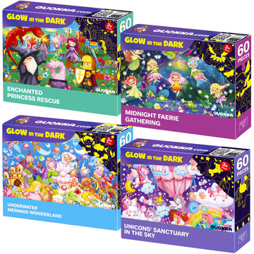 Quokka 4X60 Piece Puzzles For Kids Ages 4-6 – Glow-In-The-Dark Puzzles For Kids 4-8 I Unicorns, Mermaids, Fairy Tale I Fun Educational Toddler Puzzle For Boys And Girls – Educational Game Toys Gift