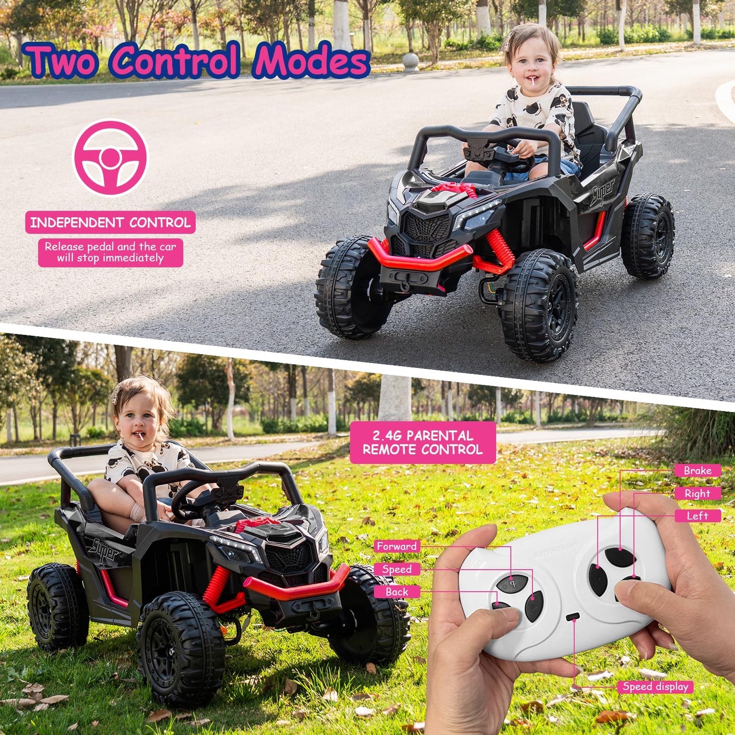 Run Fast 12v Ride on Car with Parent Remote Control Electric Ride on Toys Car for Kids 3-5 2WD 25W Motors 4 Spring Suspension Safety Belt Horn Music and LED Lights(Black  12V)