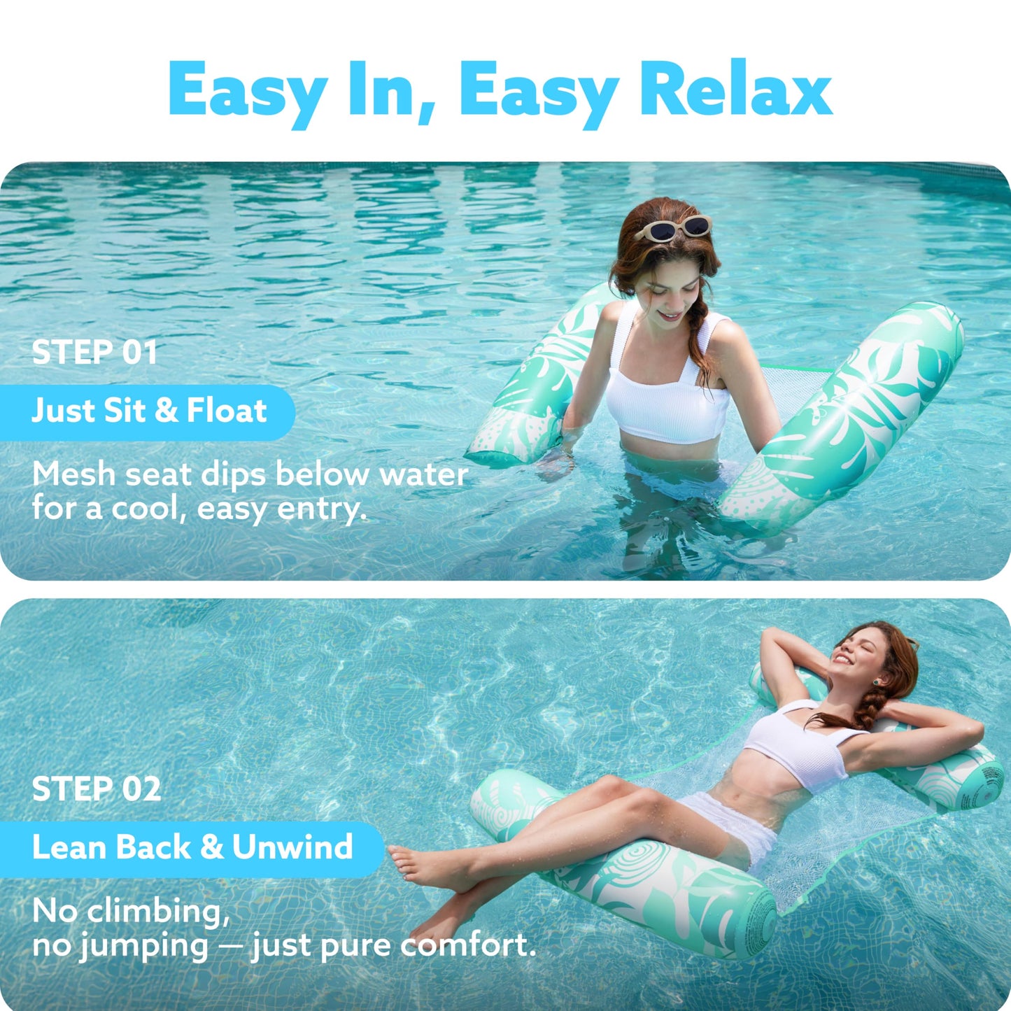 Sloosh Hammock Pool Floats Adults, 4-In-1 Multi-Purpose Inflatable Pool Floaties Pvc Water Hammock Lounge (Tropical Leaves- Cyan