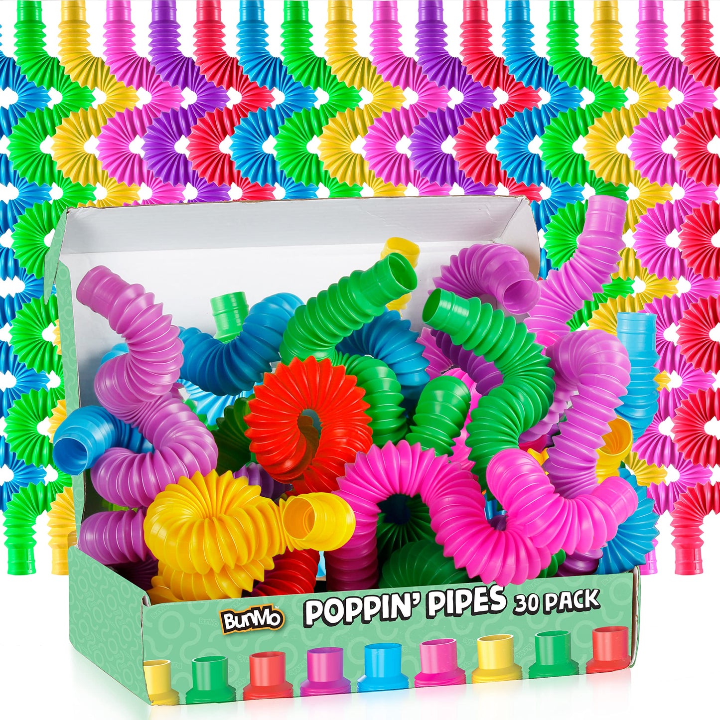 Bunmo Easter Basket Essentials - Pop Tubes - Sensory Toys - Toddler Toys - Imaginative Play & Encouraging Creative Play - Easter Basket Stuffers - Non-Mouthable Toy 3+ - 30 Pack Large