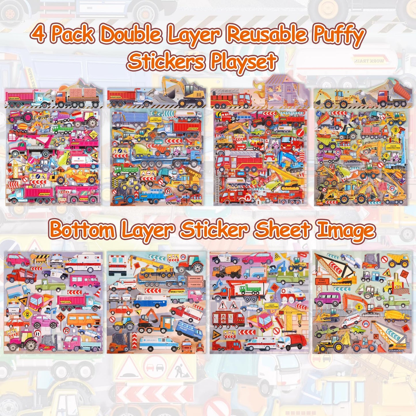 Jactales Construction Truck Puffy Stickers for Toddlers Kids - 8 Sheets of 3D Vehicle Stickers Featuring Cars, Excavators, Tract