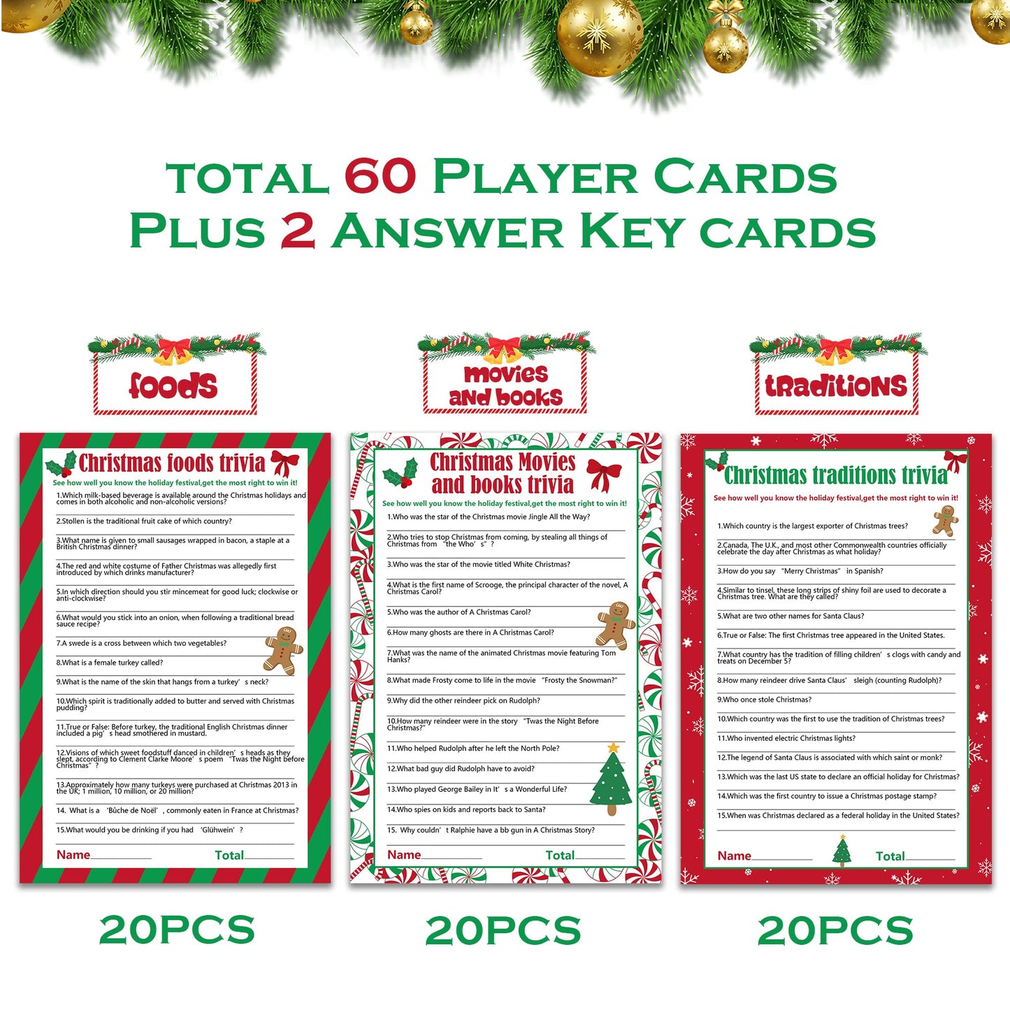 Watayo 62 Pieces Christmas Trivia Party Game Cards-Xmas Festival Guessing Activity for mature-themed Annual Festive Events Christmas Party Decorations