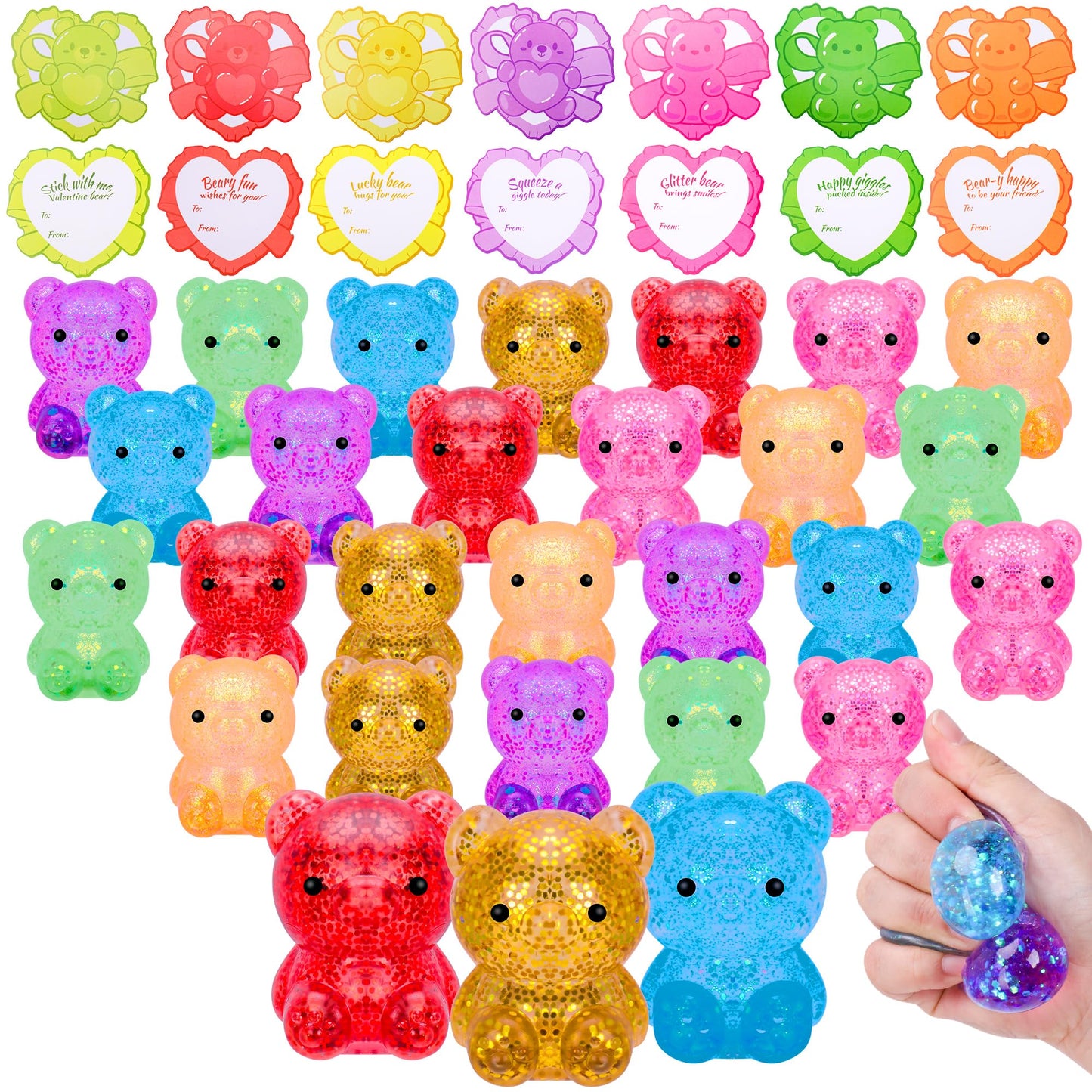 Kiddelo Valentines Day Cards for Kids School Classroom Exchange, 28 Pack Squishy Bear Stress Balls with 28 Heart Cards, Classroo