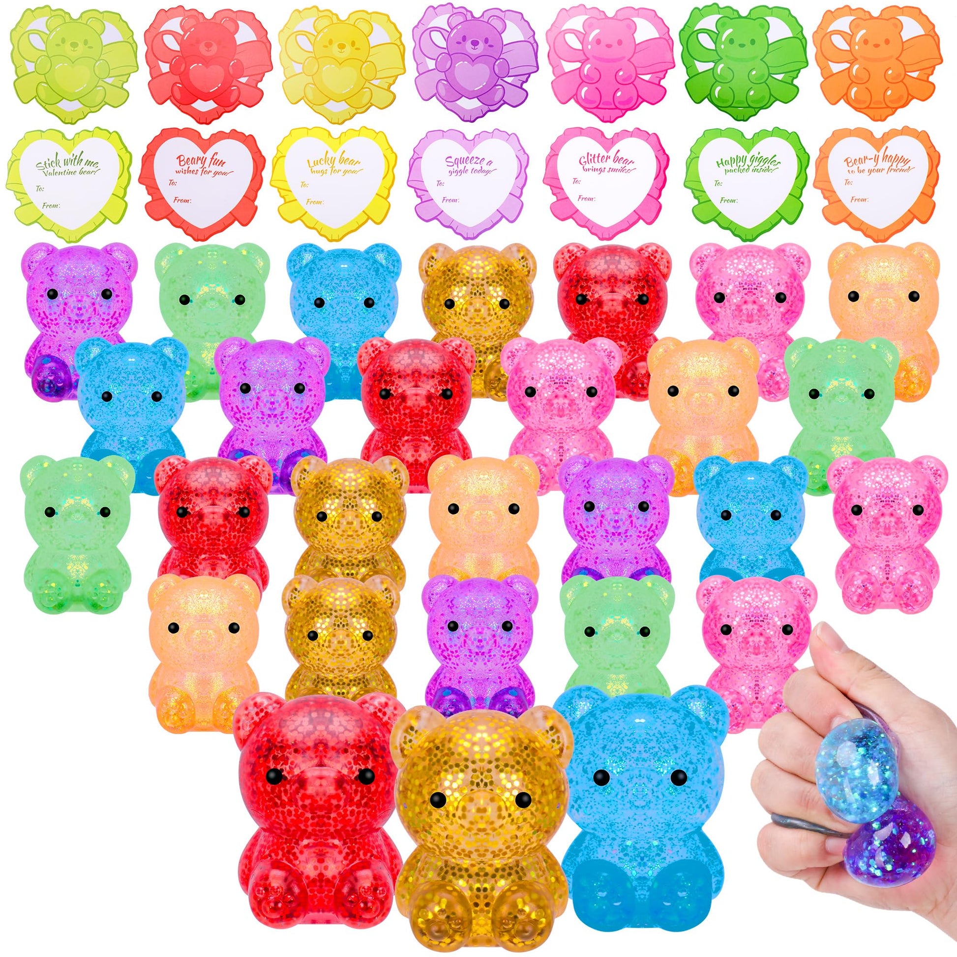 Kiddelo Valentines Day Cards for Kids School Classroom Exchange, 28 Pack Squishy Bear Stress Balls with 28 Heart Cards, Classroo