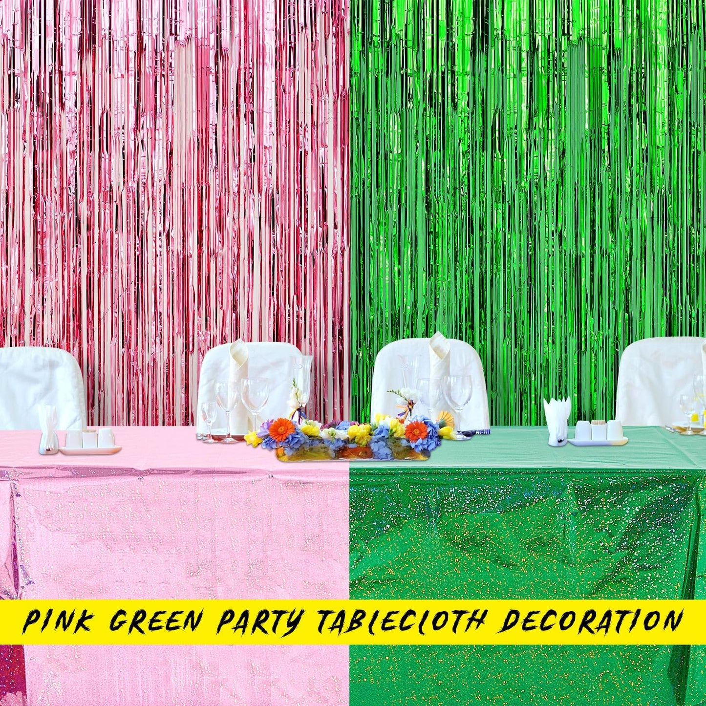 LOYIM 4 Pcs Holographic Tablecloth for Party Pink and Green 54  x 108  Iridescent Metallic Plastic Glitter Laser Table Covers Wi