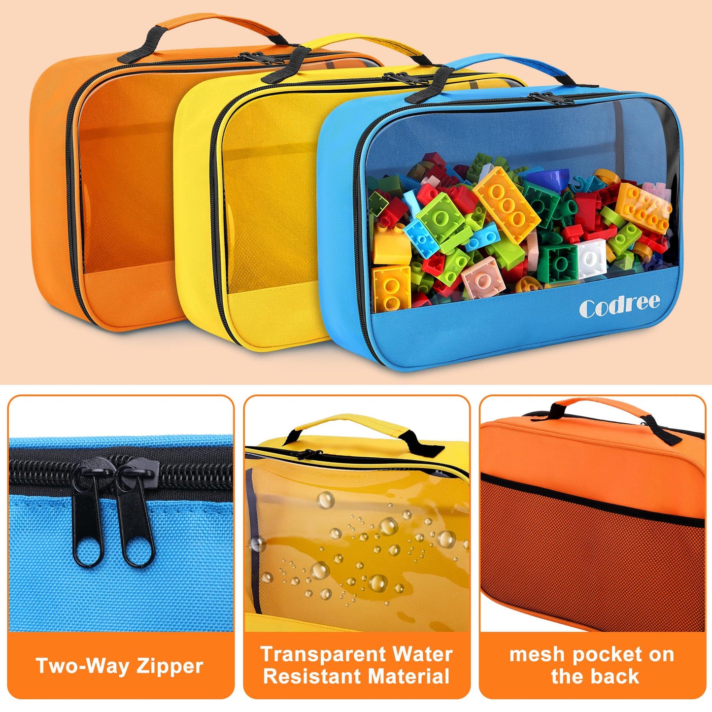 Codree 6 Packs Large Oxford Cloth Toy Storage Bags, 13 X 8.5 X 3.9 Inch Visible Toy Organizing Bags With Zipper, Waterproof Trav