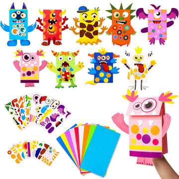 Watinc 9Pack Hand Puppet Art Craft - Diy Making Your Own Paper Sock Puppets Kits Wiggle Googly Eyes, Imaginative Early Learning Classroom Family Storytelling Games Pretend Party Supplies (Monsters)