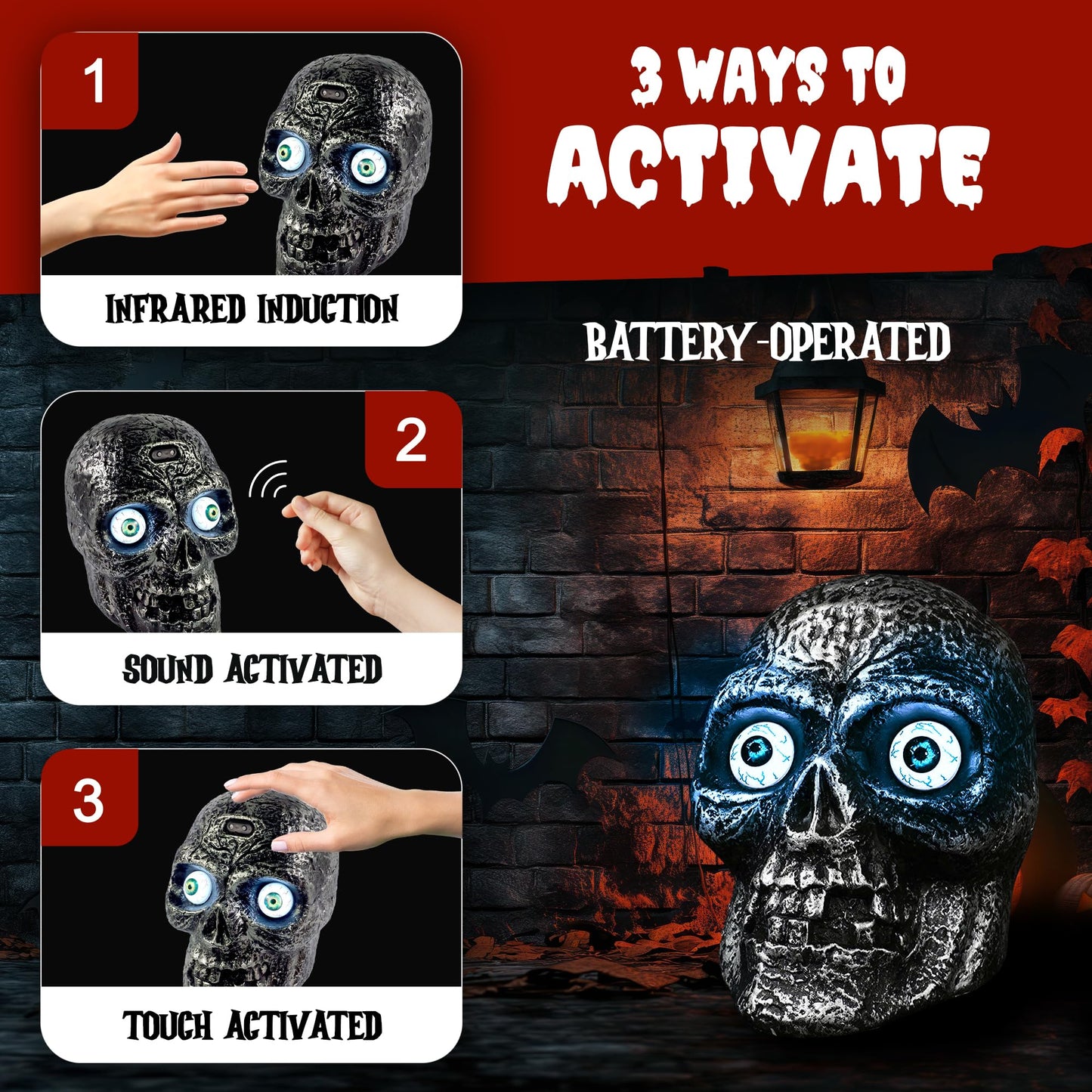 Liberty Imports Sound Activated Skull With Light Up Eyes And Creepy Sounds - Halloween Party Prop Spooky Decoration For Haunted House, Indoor Decor