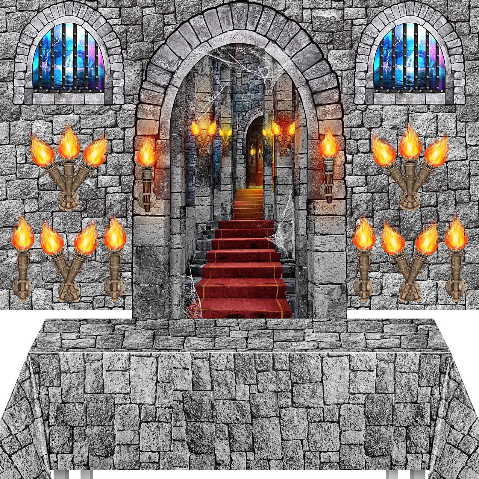 Tallew 13 Pcs Medieval Party Decorations, 2 Pcs Brick Stone Tablecloths,1 Castle Entrance Door, 2 Pcs Window Stickers 8 Pcs Torc