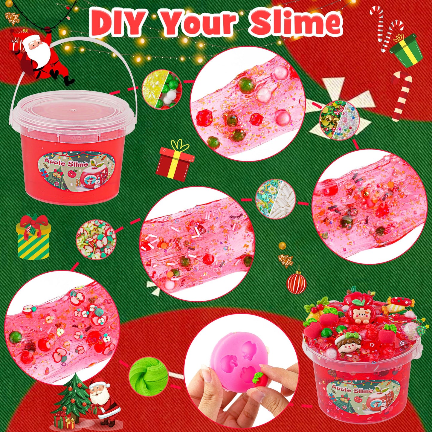 Lawoho 300Ml Apple Slime With Clay, Red Clear Slime Kit For Stocking Stuffers With 9 Packs Slime Add-Ins, Christmas Slime For Kids Party Favors, Slime Kit For Birthday Halloween Christmas Easter Gifts