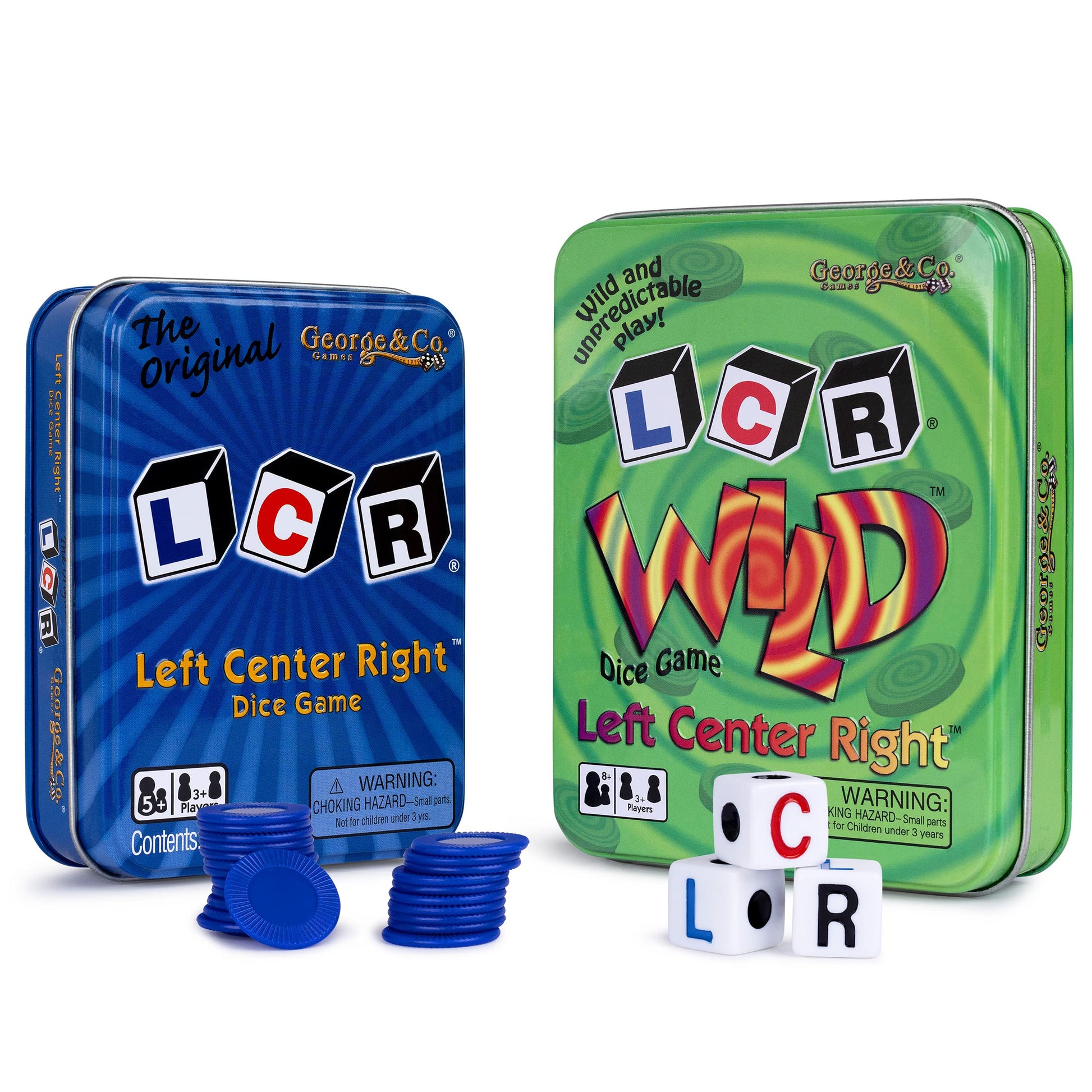 George & Company LLC LCR (Left Right Center) in Blue & Dice Game in Green Tin Gift Set Bundle - 2 Pack