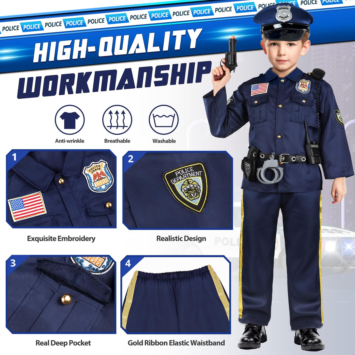 Joycover Police Officer Costume for Kids - Deluxe 13pcs Role Play Kit, L(8-10Y), Polyester, Boys & Girls Halloween Costume