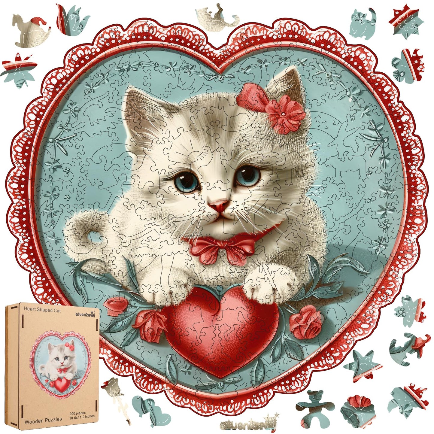 Wooden Puzzle For Adults - 3D Vision Effect Heart Cat Puzzle 200 Pcs Unique Shape Advanced Wooden Jigsaw Puzzle, Challenge Jigsa