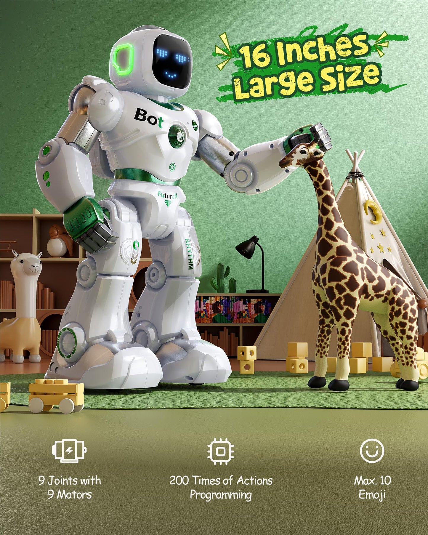 Ruko 1088 Large Robot Toy for Kids, Voice & App Control, Green, 15.8x11x4.7 inch, Programmable Interactive Gift for Ages 4-9