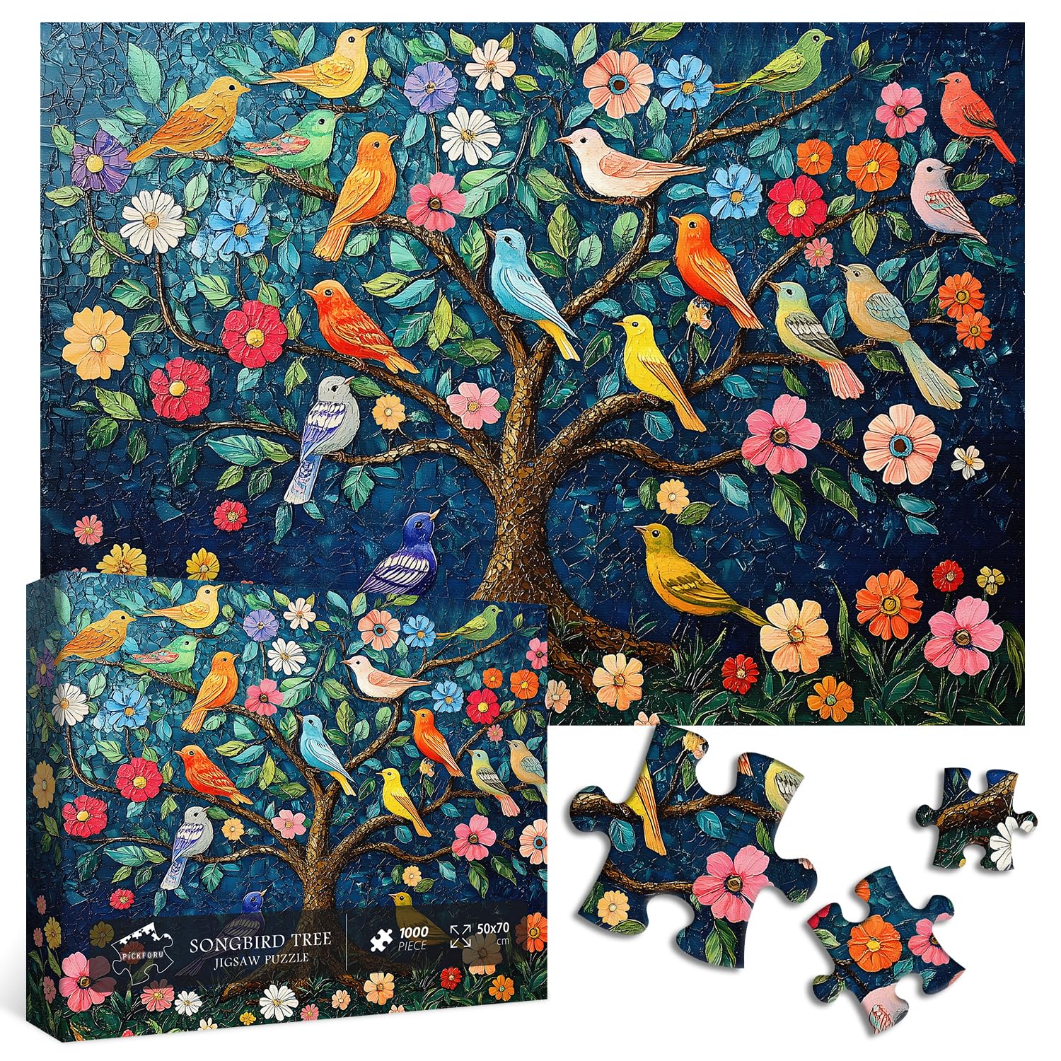 PICKFORU Mosaic Tree of Life Puzzles for Adults 1000 Pieces, Unique Bird Jigsaw Puzzles,Vintage Art Flower 1000 Piece Puzzle