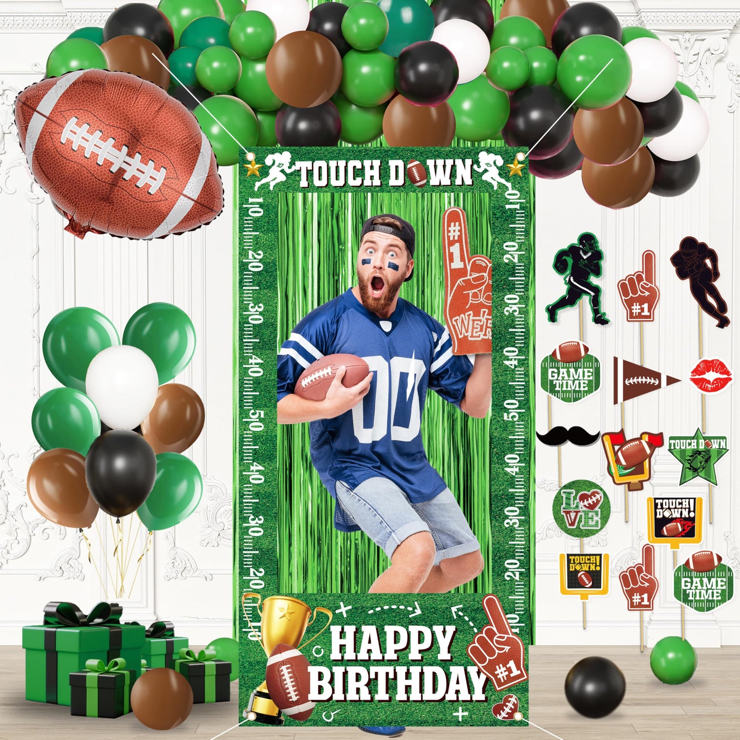 Football Birthday Party Decorations Set - Photo Booth Props for boys,Foil Fringe Curtain Backdrop,Foil Balloon,Green Balloons Bi