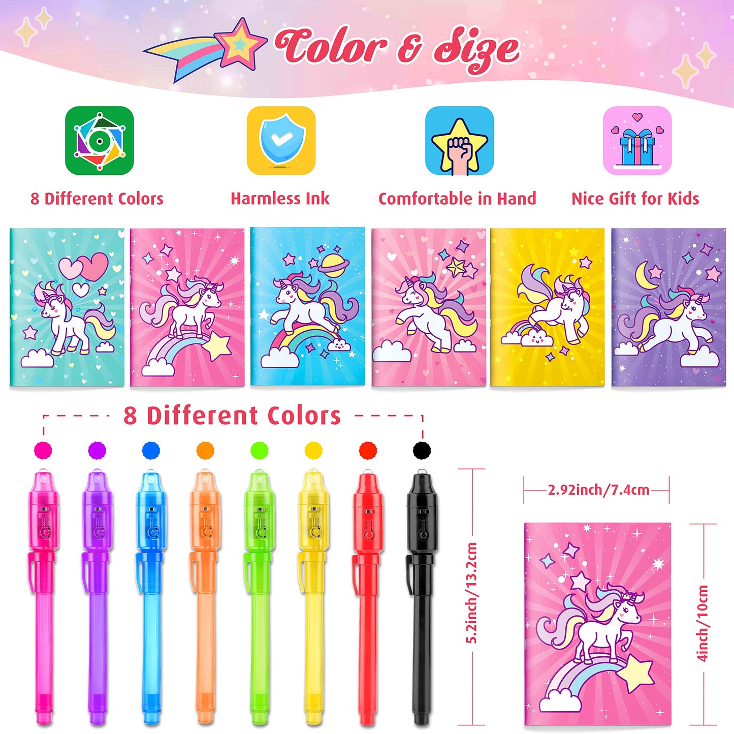 Giftinbox Unicorn Party Favors For Kids 4-8, 24Pack Invisible Ink Pen And Notebook, Invisible Ink Spy Pen With Uv Light For Kids, Classroom Prize Goodie Bag Stuffers Unicorn Toys For Kids Girls