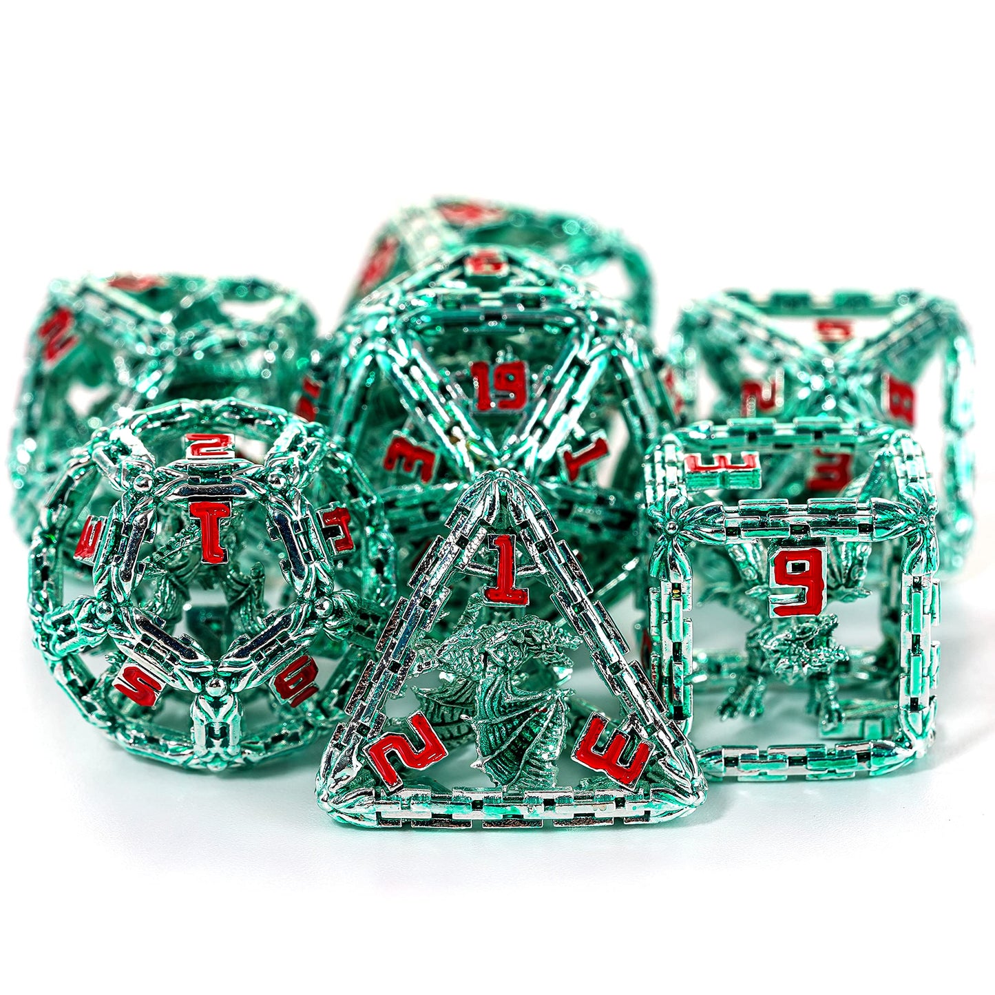 Metal Dice Set for DND and RPG - Imprisoned Dragon Core Design - Beautiful Stunning & Intricate Polyhedral Dice Set for D&D Dung