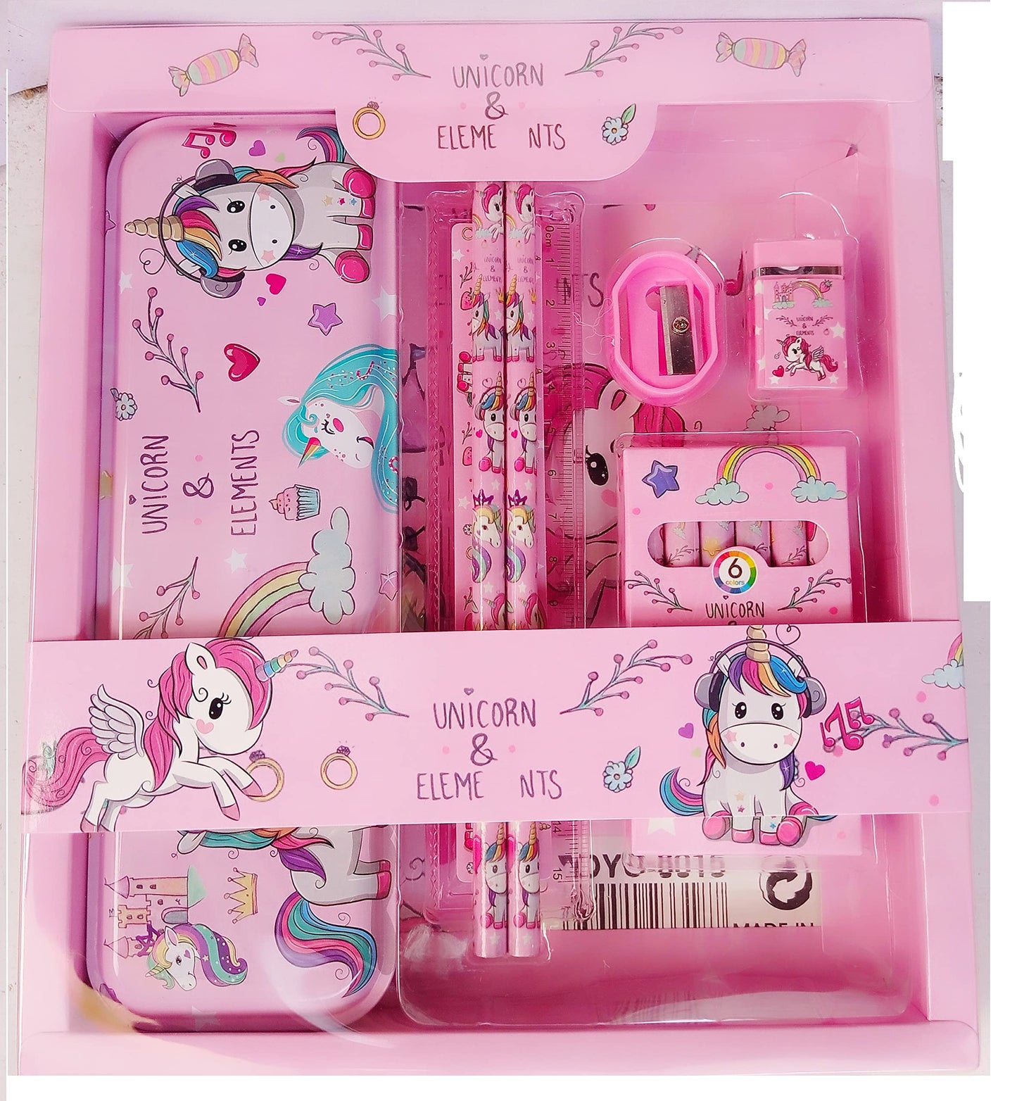 Sillyme Unicorn 8 In1 Mix Stationery Gift Set For Girls Kids - Pink - Pencil Box, Pencil, Eraser,Crayons