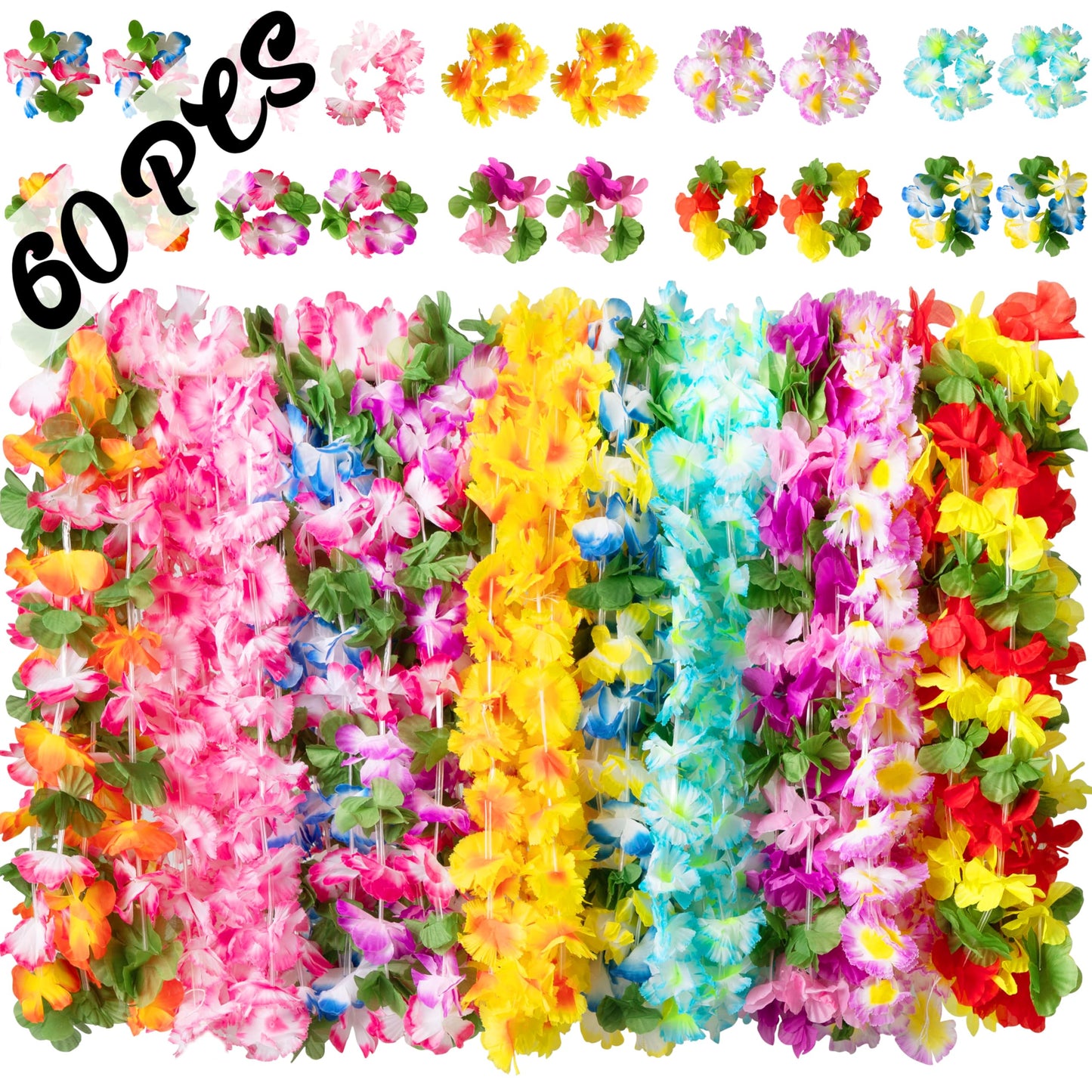 Moon Boat 60 Pieces Hawaiian Luau Leis Necklaces Bracelets - Tropical Tiki Hibiscus Flowers For Summer Pool Party Favors Supplie