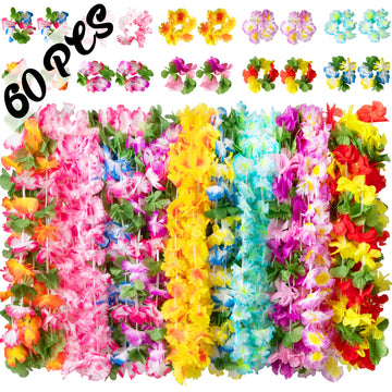 Moon Boat 60 Pieces Hawaiian Luau Leis Necklaces Bracelets - Tropical Tiki Hibiscus Flowers For Summer Pool Party Favors Supplie
