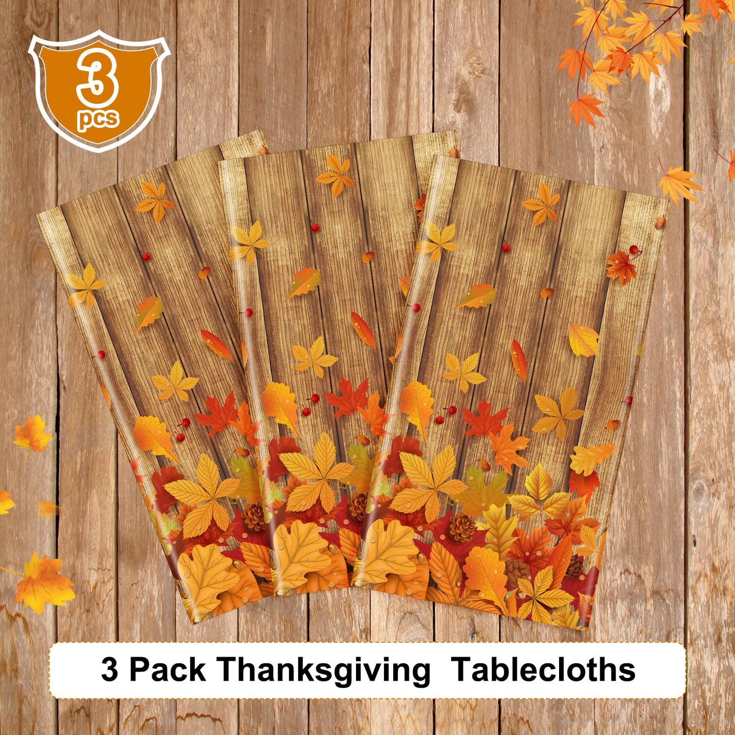 Tiamon 3 Pcs Fall Decoration Indoor Thanksgiving Fall Tablecloth Wood Grain Autumn Leave Party Table Cover Autumn Harvest Tablec