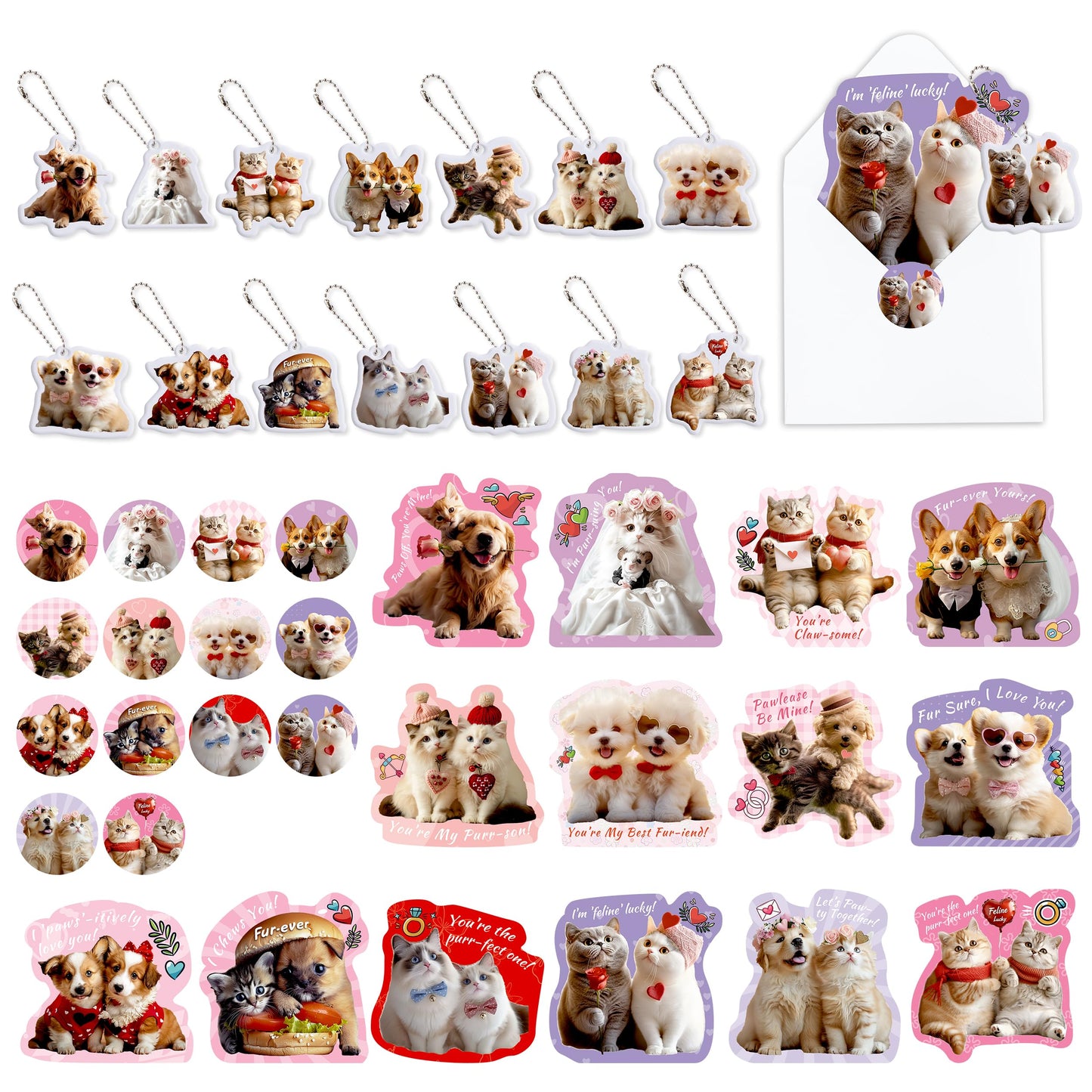 NOSAKUYA 28 Pack Cat & Dog Lovers Valentines Card & Keychains Set for Kids School Classroom Exchange Gift Boys Girls Party Favo