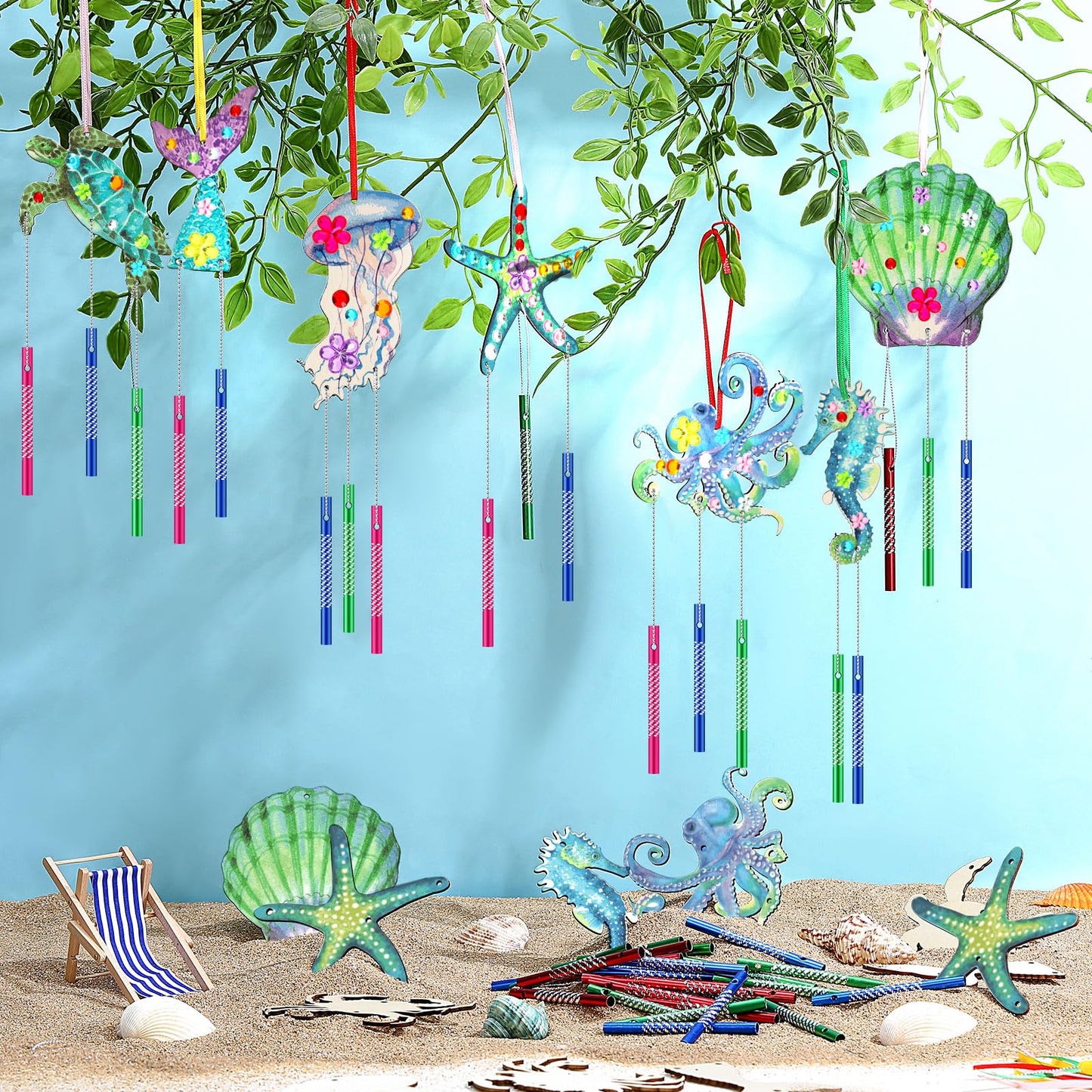 JellyArch Wind Chime Kit - 30 Pack Summer Ocean Sea Animal Crafts, Small, Multicolor, DIY Marine Ornaments for Kids' Activities