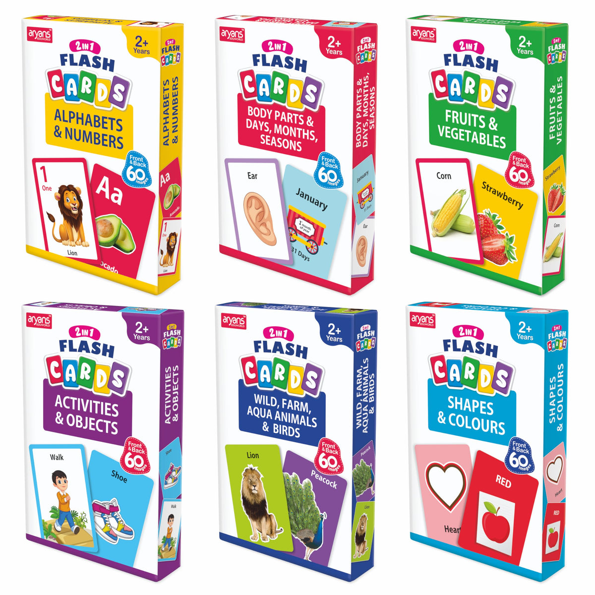 Aryans Eduworld | 2 In 1 Flash Cards (Pack Of 6)| Set Of 6 Flash Cards| 180 Cards Front & Back| Alphabets, Shapes, Body Parts, S