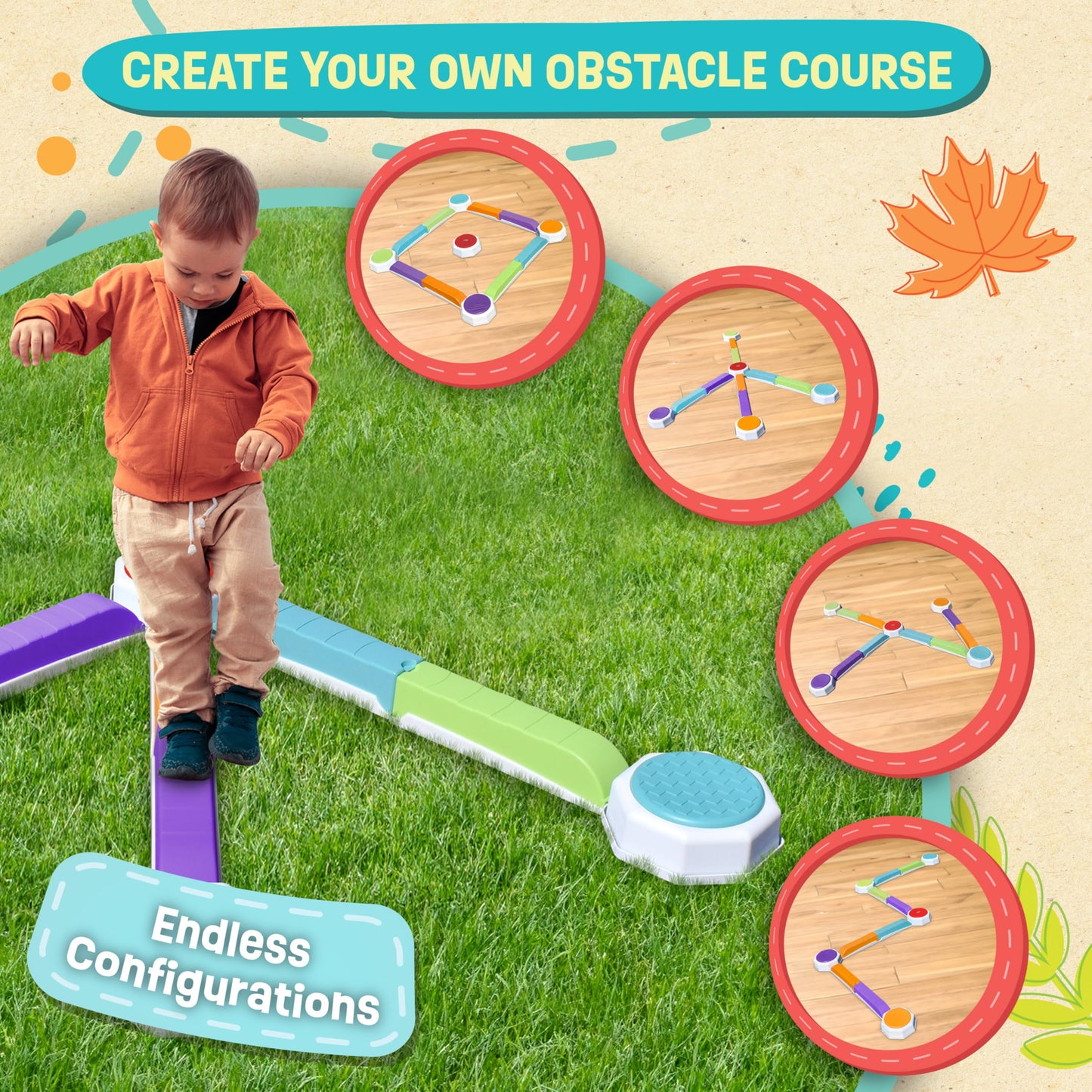 Acorn Avenue Balance Beam And Toddler Stepping Stones 13 Pieces, Non-Slip Plastic Balance Stackable Stepping Stones, Sensory Toy