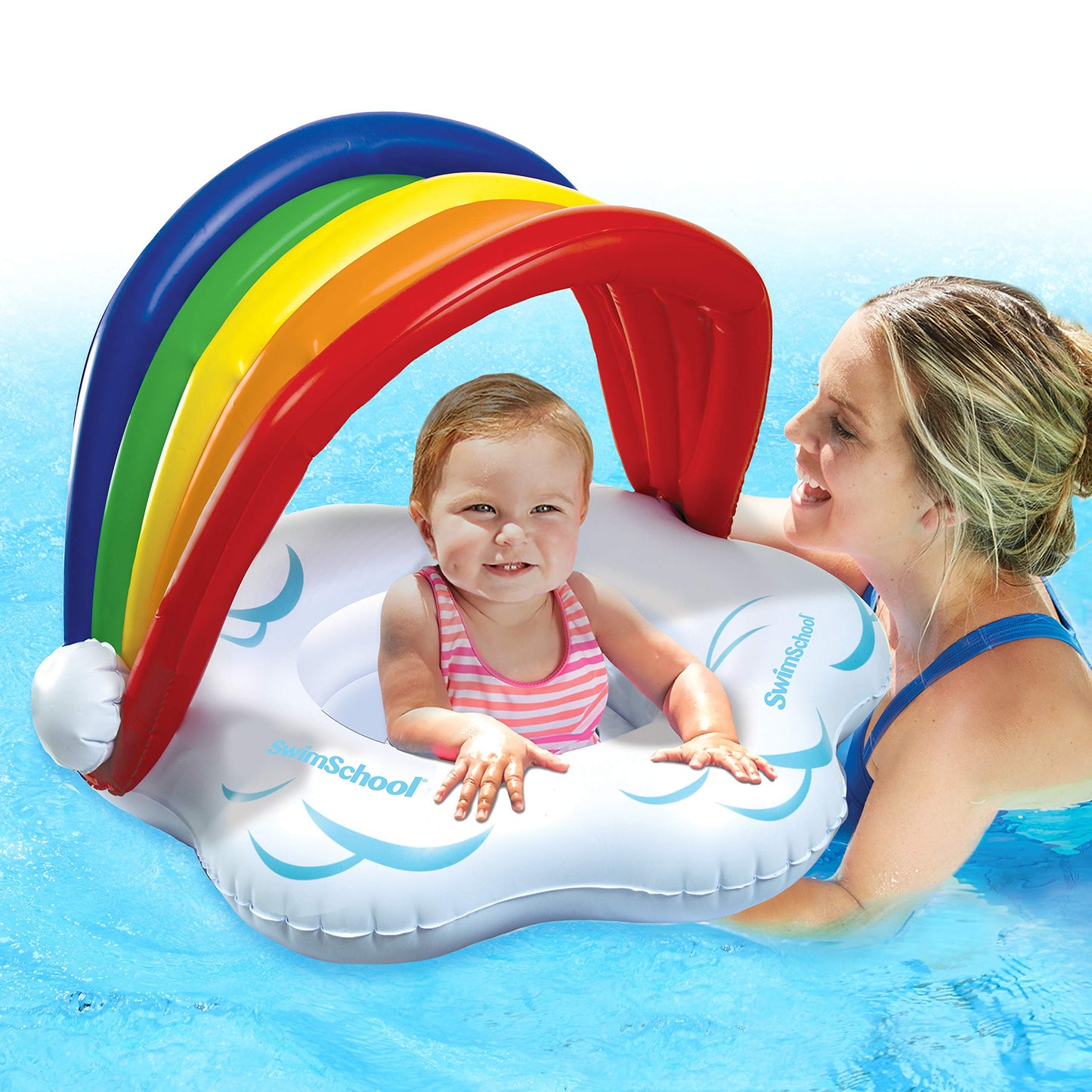 Swimschool Rainbow Babys First Pool Float - 6-18 Months - Novelty Baby Boat With Adjustable Seat - Rainbow