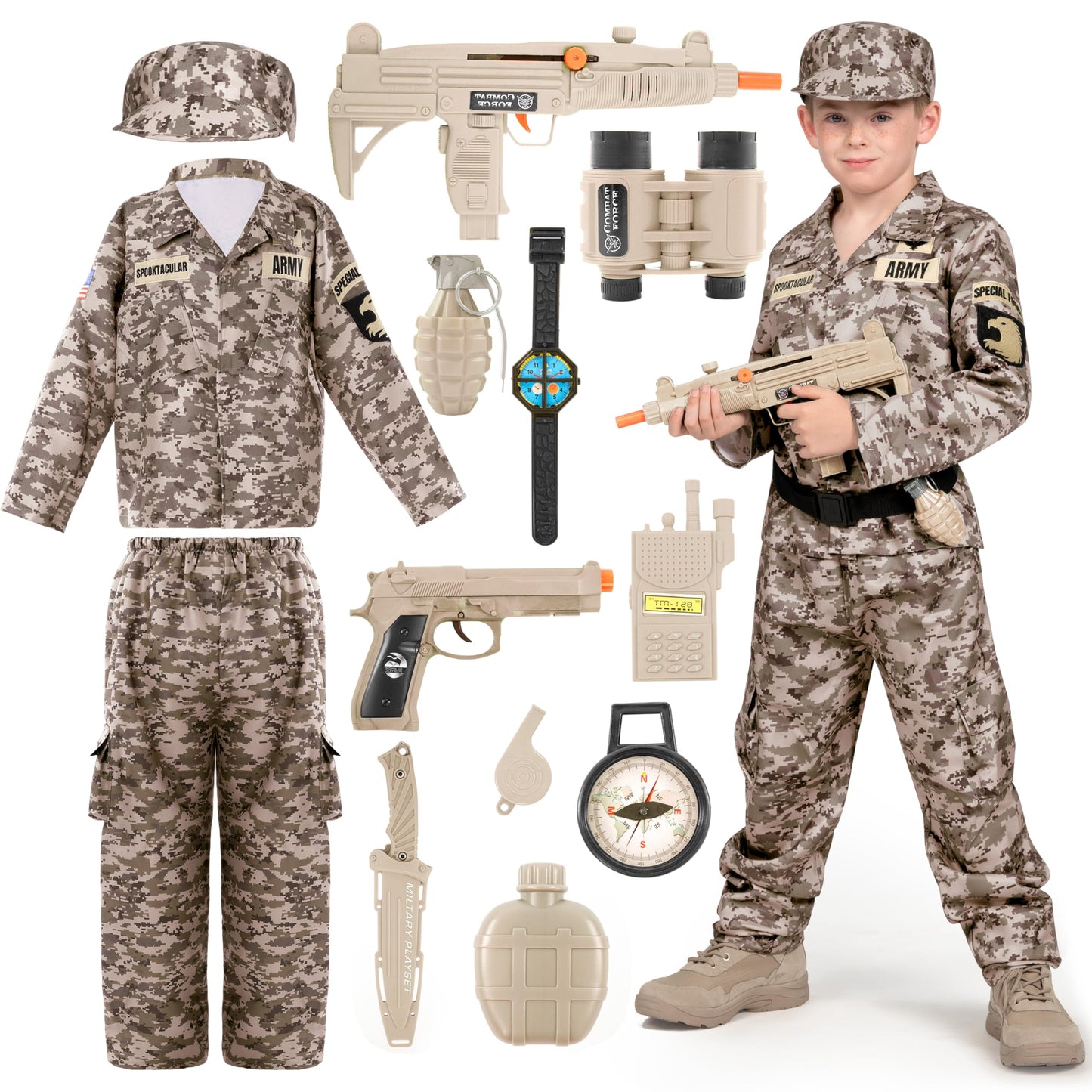 Spooktacular Creations Boys Army Costume, Military Costume For Kids, Desert Camo Soldier Outfit Set With Toy Accessories For Toddler Halloween Dress Up Themed Party (Small, 5-7 Yrs)