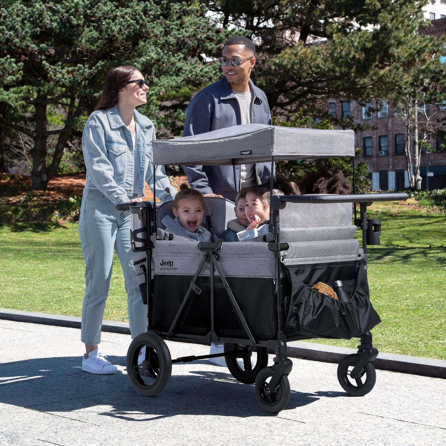 Jeep Wrangler Deluxe 4 Seater Stroller Wagon by Delta Children - Premium Grey Quad Stroller with Convertible Seats & Removable Canopy
