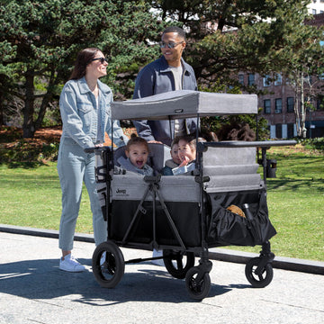 Jeep Wrangler Deluxe 4 Seater Stroller Wagon by Delta Children - Premium Grey Quad Stroller with Convertible Seats & Removable Canopy