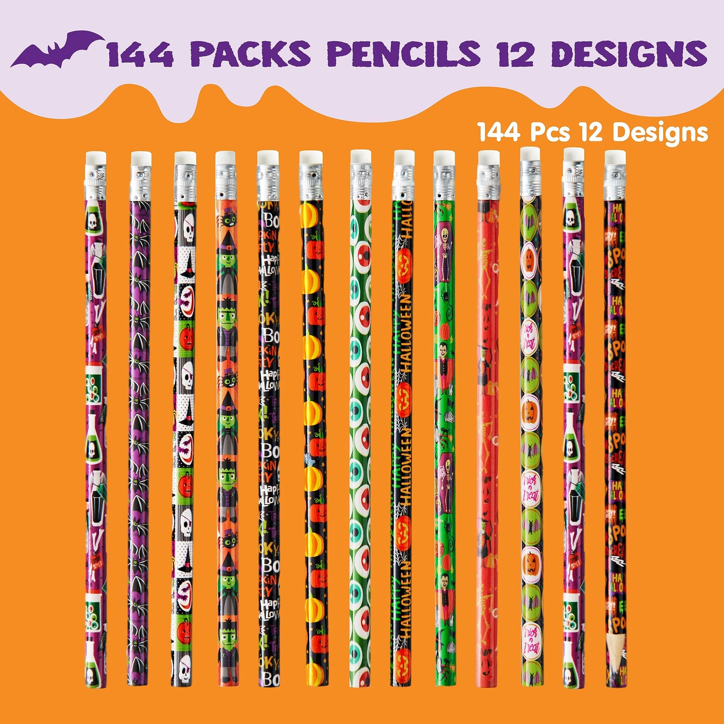 JOYIN 144 Pack Halloween Pencils with Eraser, 12 Design Halloween Stationery Set for Kids Gift Prize, Wooden Drawing Pencils, Ha