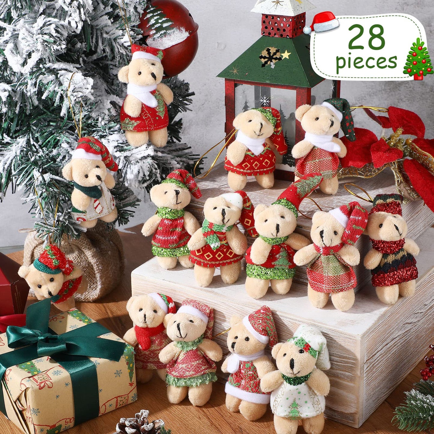 28 Pieces 3 Inches Christmas Stuffed Animal Toys Small Animal Plush Key Chain Plush Animal Toy Set For Christmas Tree Decorations, Stocking Stuffing, Party Gifts (Plaid Style)