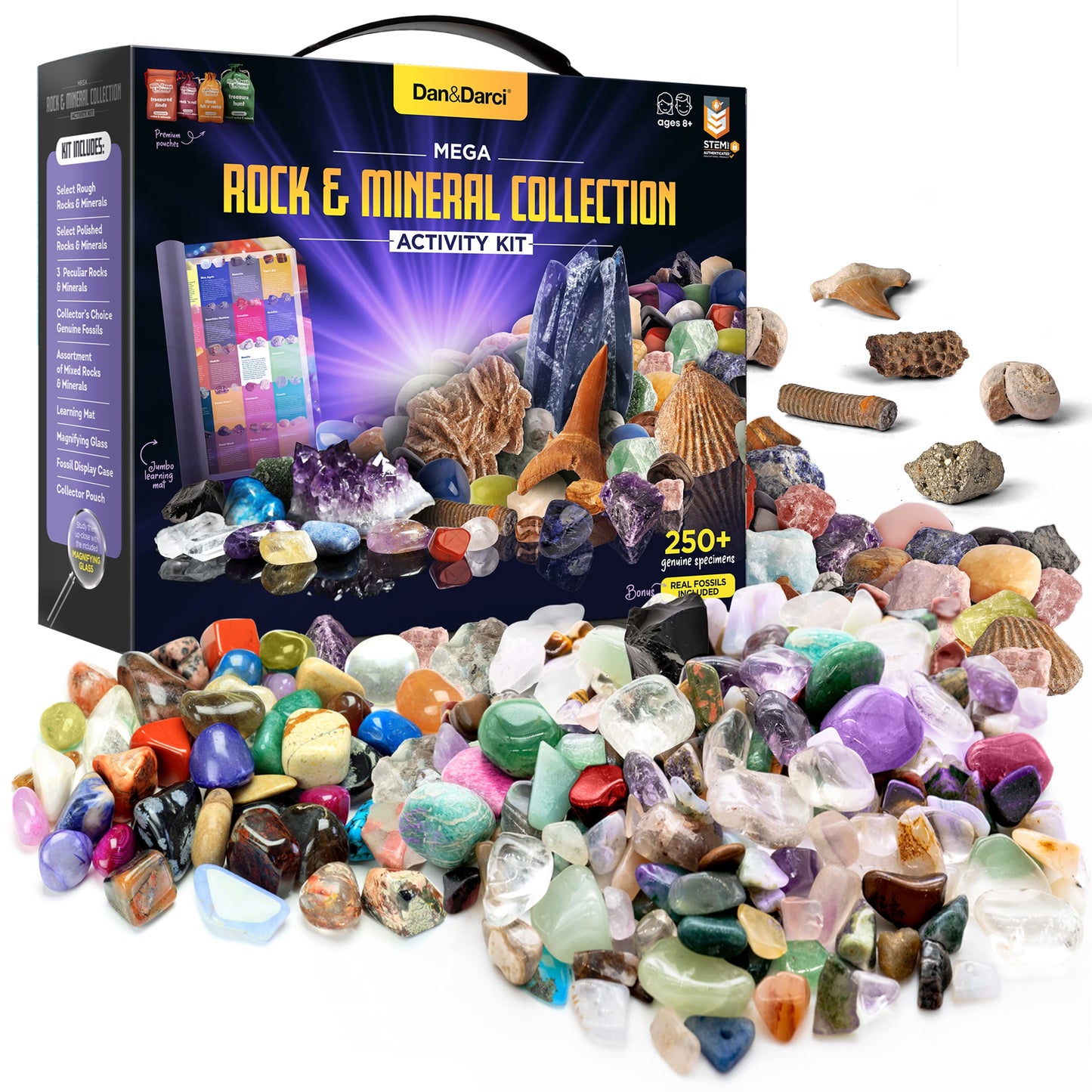 Dan&Darci Rock Collection for Kids - Includes 250+ Bulk Rocks  Gemstones & Crystals + Genuine Fossils and Minerals - 2 Lbs. - Geology Earth Science STEM Toys Activity  Gifts for Boys & Girls Ages 6+
