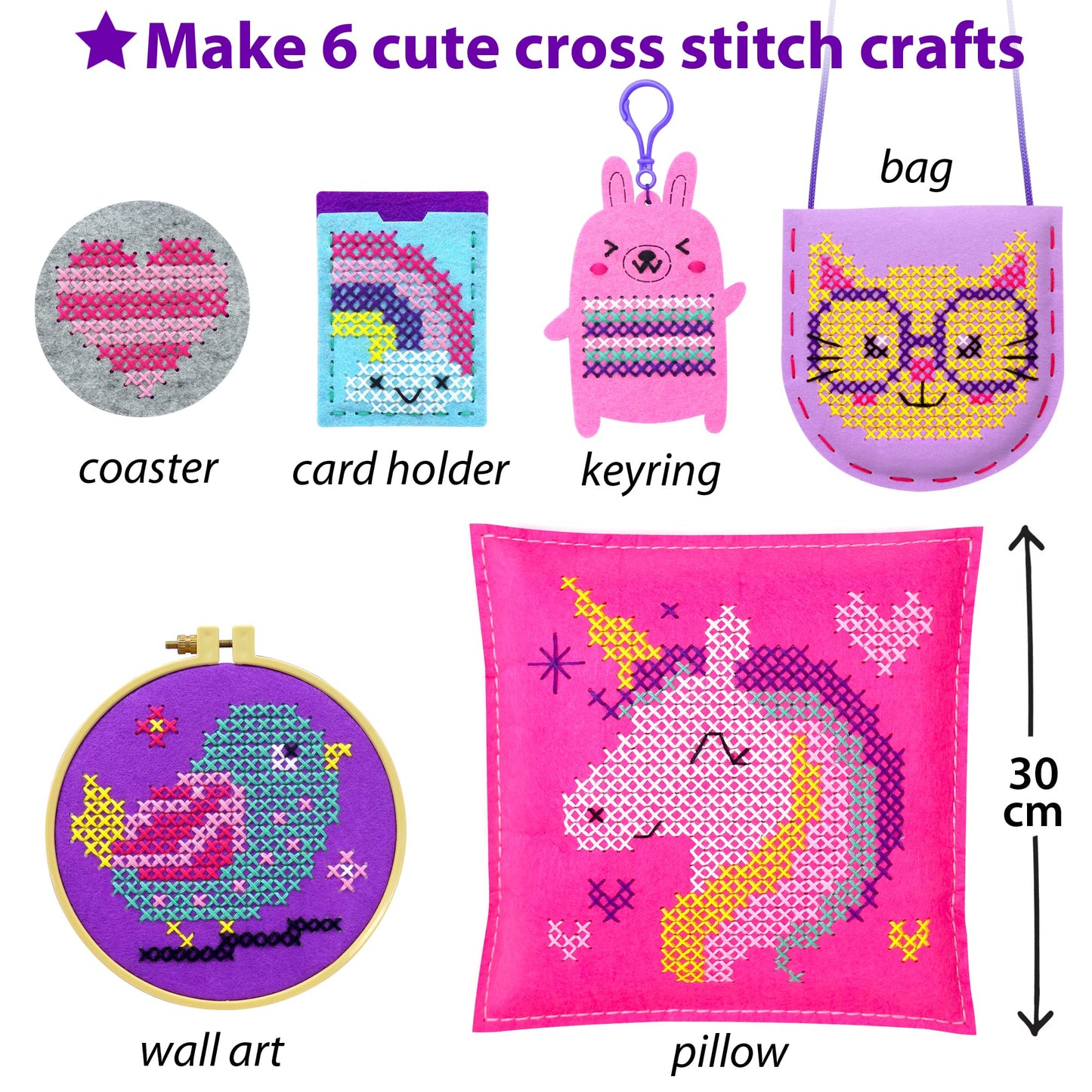 KRAFUN Beginner My First Cross Stitch Kit for Kids Arts & Crafts, 6 Easy Projects of Felt Keyring, Bag, Pillow Craft, Instructio